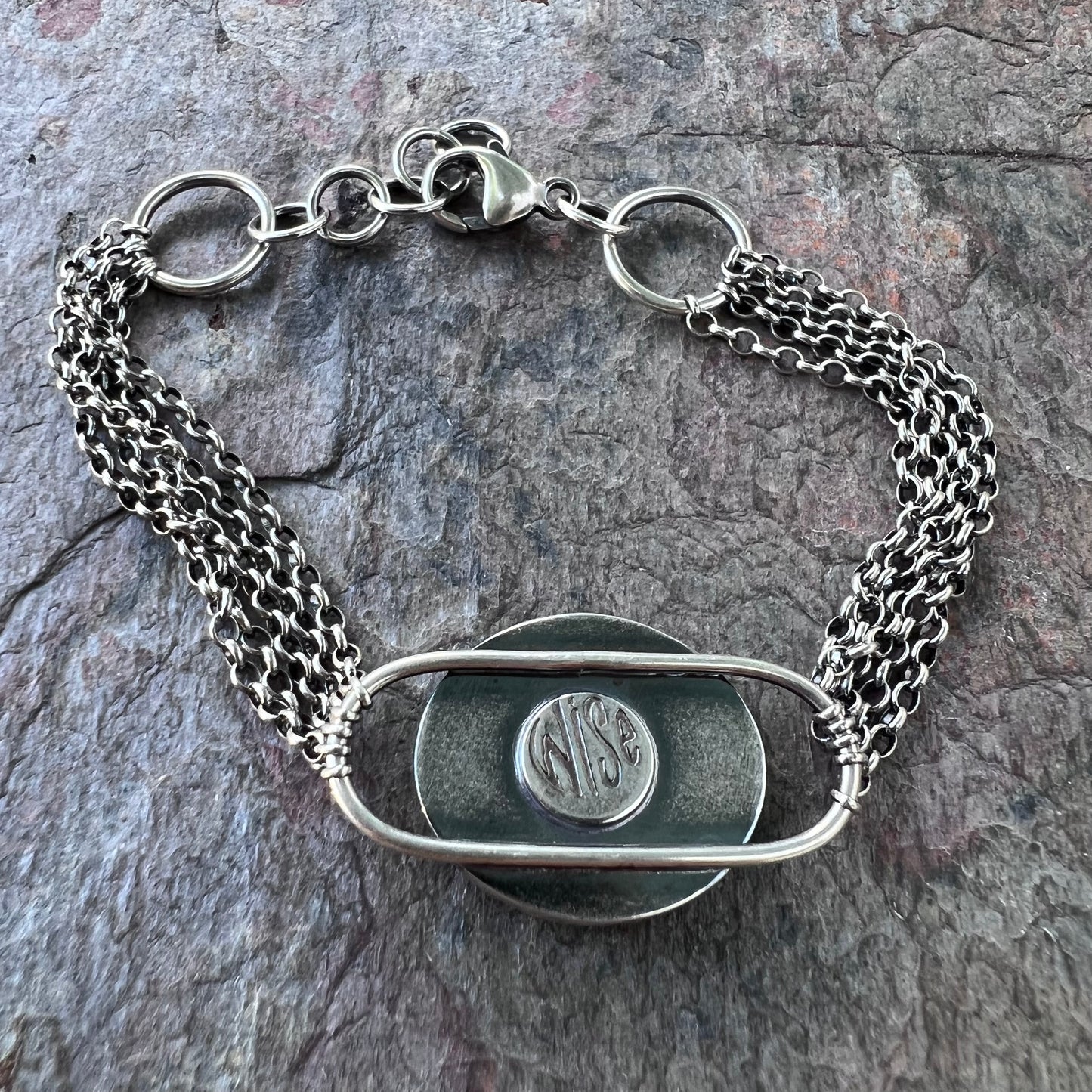 Opal Sterling Silver Bracelet - Handmade Simulated Opal Cabochon and Sterling Silver Bracelet