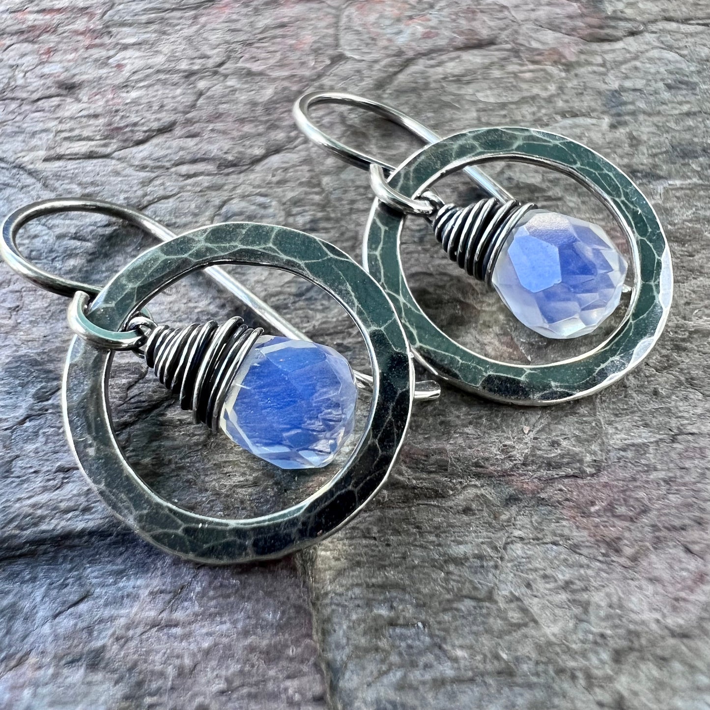 Opalite Sterling Silver Earrings - Faceted Opalite Teardrops in Handmade Hammered Silver