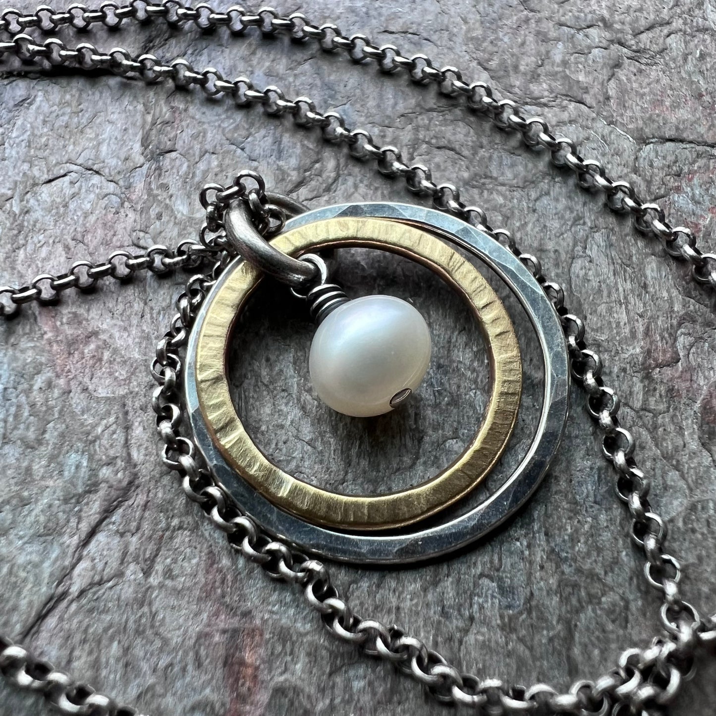 Sterling Silver Mixed Metal Pearl Necklace - Genuine Freshwater Pearl Pendant on Sterling Silver Chain