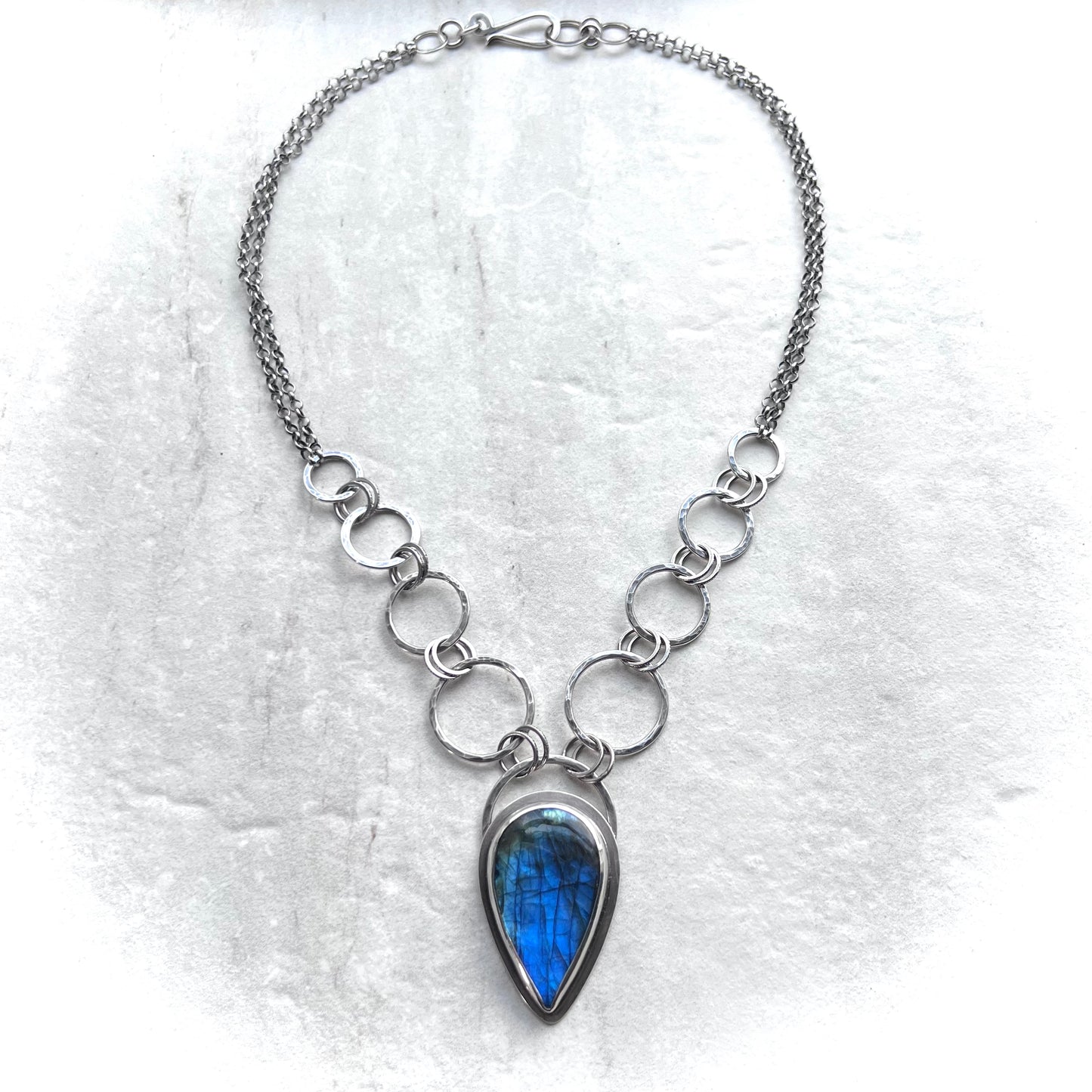Labradorite Sterling Silver Necklace - Handmade One-of-a-kind Pendant on Hammered Ring Chain