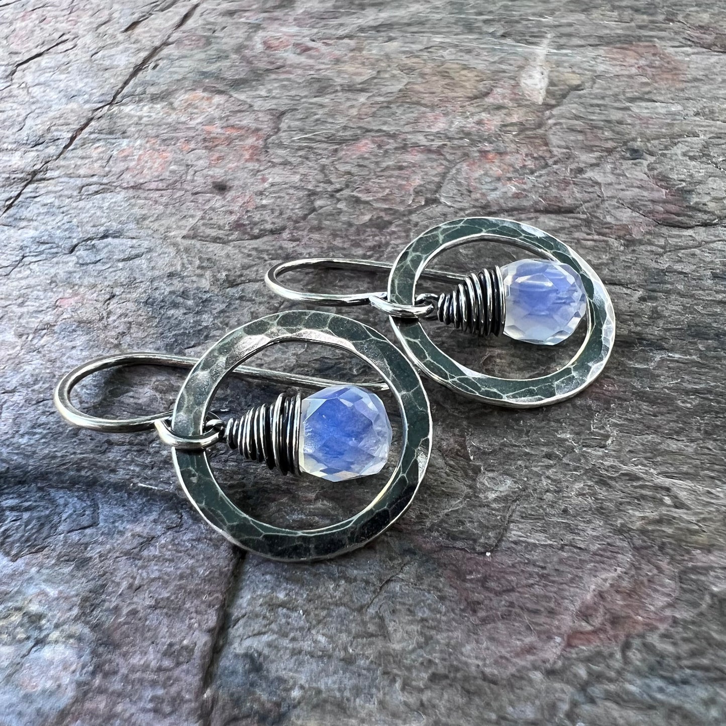 Opalite Sterling Silver Earrings - Faceted Opalite Teardrops in Handmade Hammered Silver