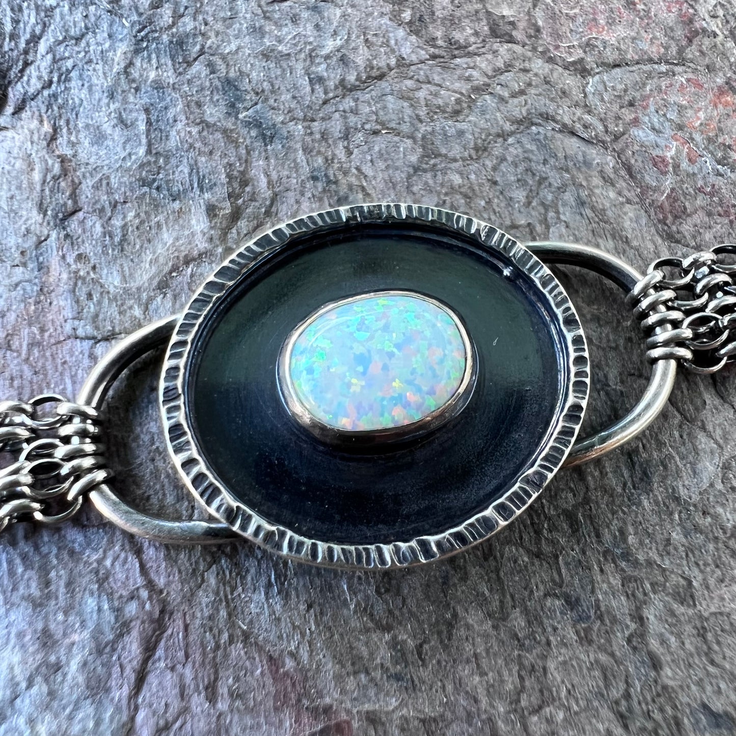 Opal Sterling Silver Bracelet - Handmade Simulated Opal Cabochon and Sterling Silver Bracelet