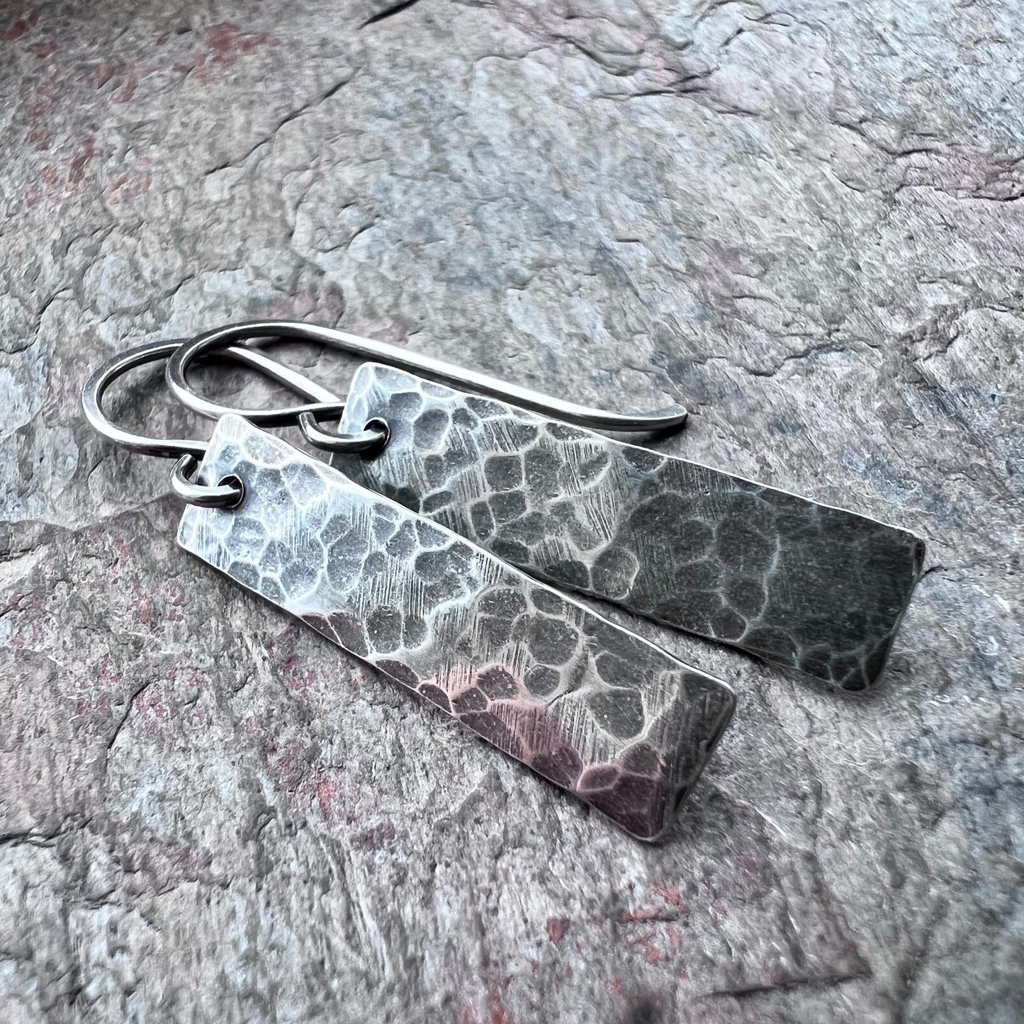 Rectangular Sterling Silver Earrings | Simple Hammered Silver Bar Dangle Everyday Earrings Handmade Jewelry