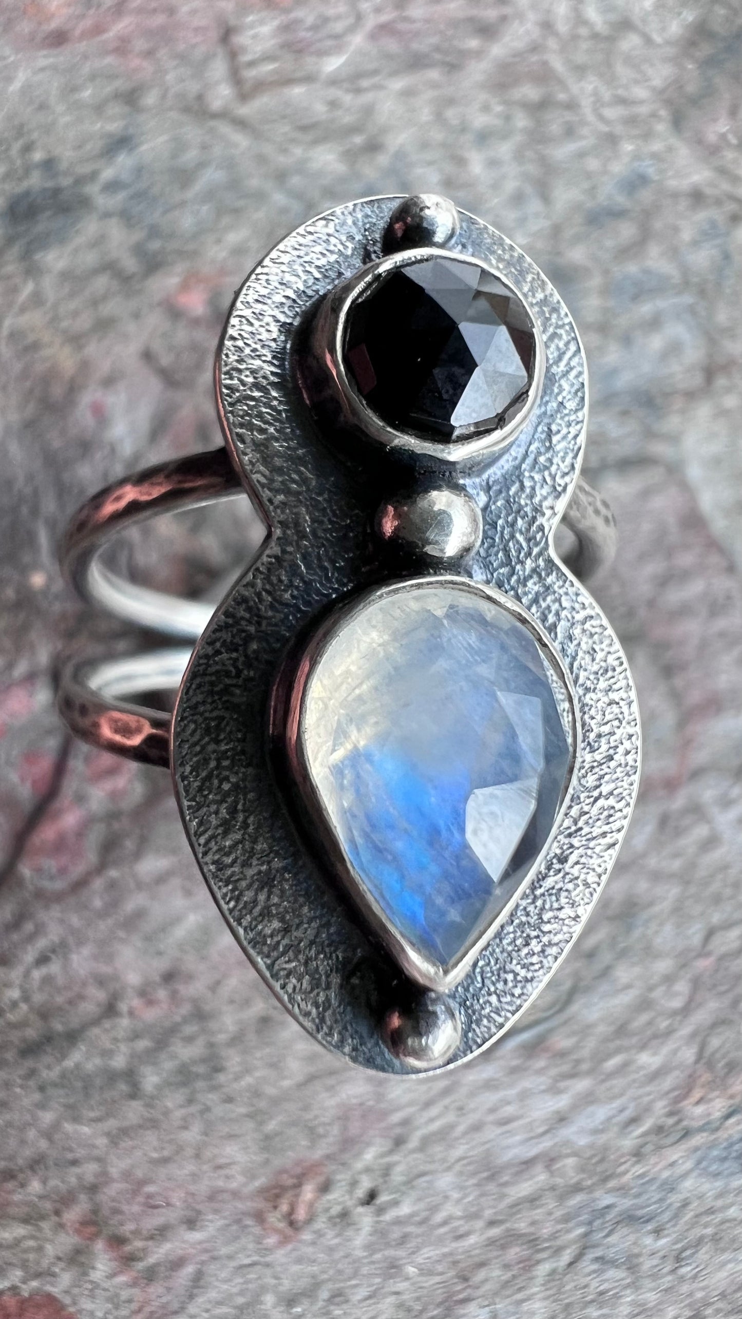 Rainbow Moonstone and Black Spinel Sterling Silver Ring - Handmade One-of-a-kind Ring - Size 8