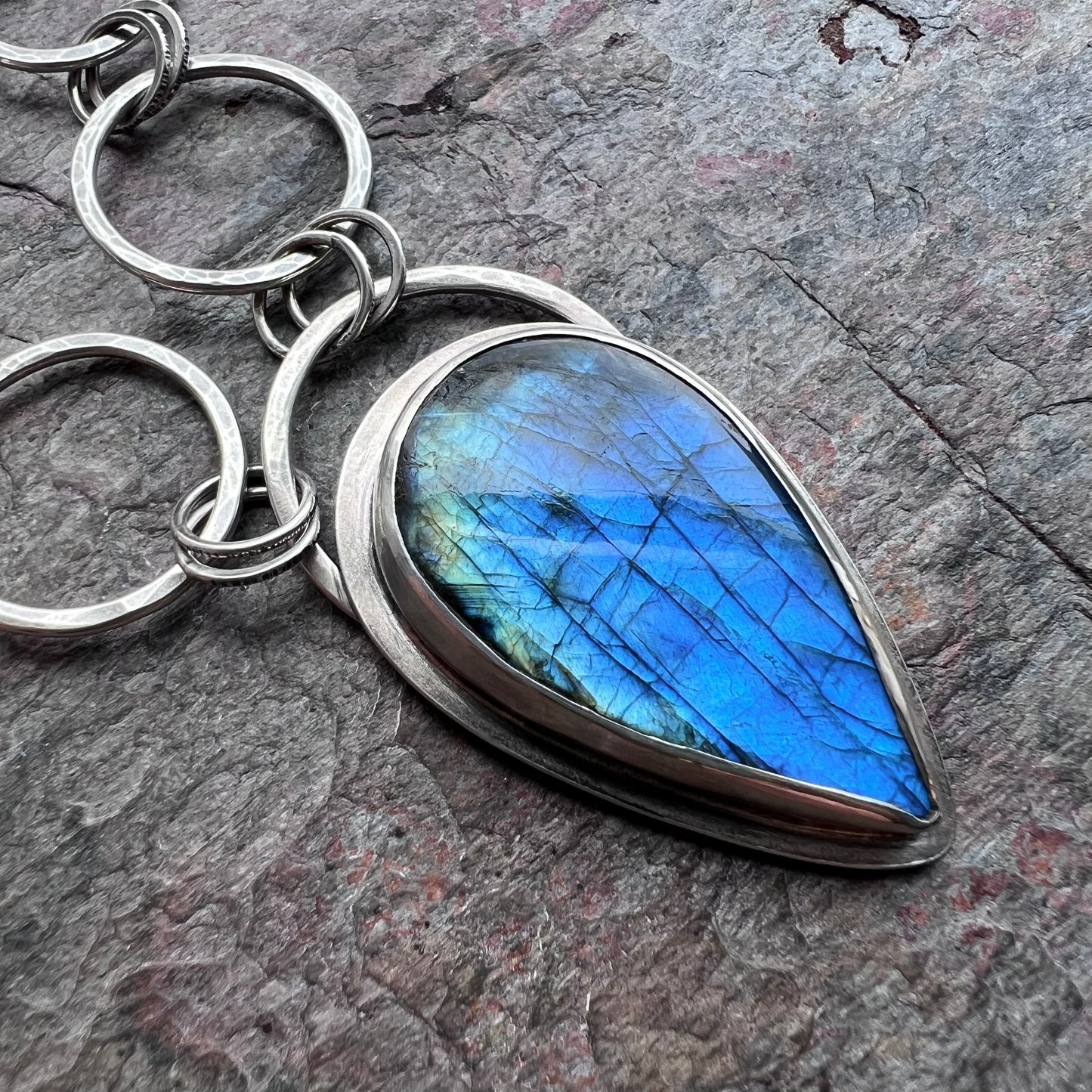 Labradorite Sterling Silver Necklace - Handmade One-of-a-kind Pendant on Hammered Ring Chain