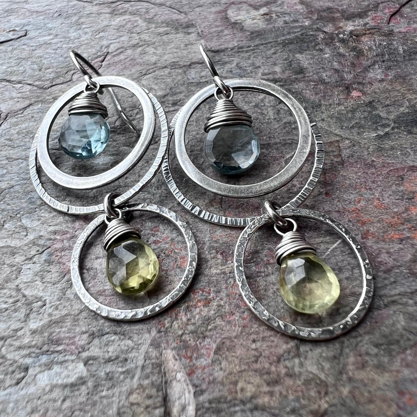 Aquamarine and Lemon Topaz Sterling Silver Earrings - Genuine Aquamarine and Lemon Topaz in Sterling Silver Circles
