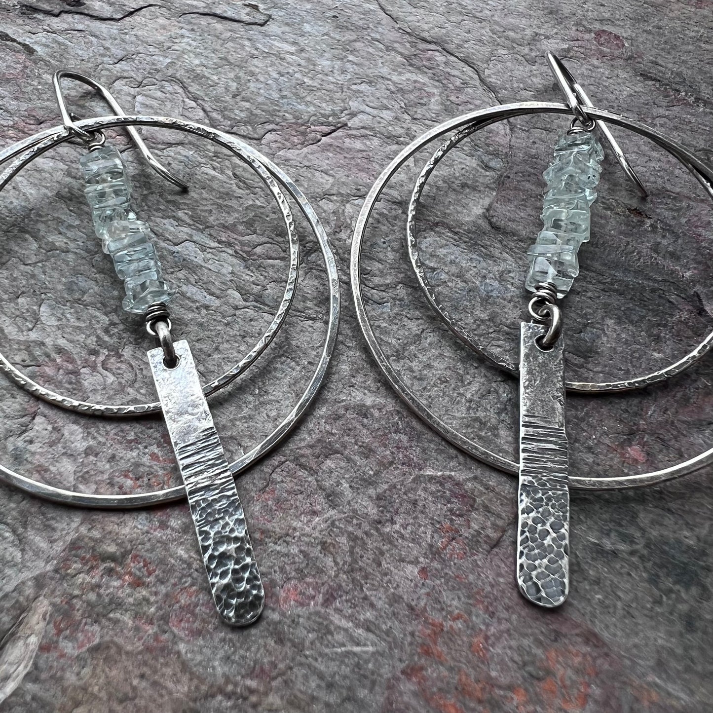 Aquamarine Sterling Silver Earrings - Genuine Aquamarine and Hammered Bars in Sterling Silver Hoop Earrings