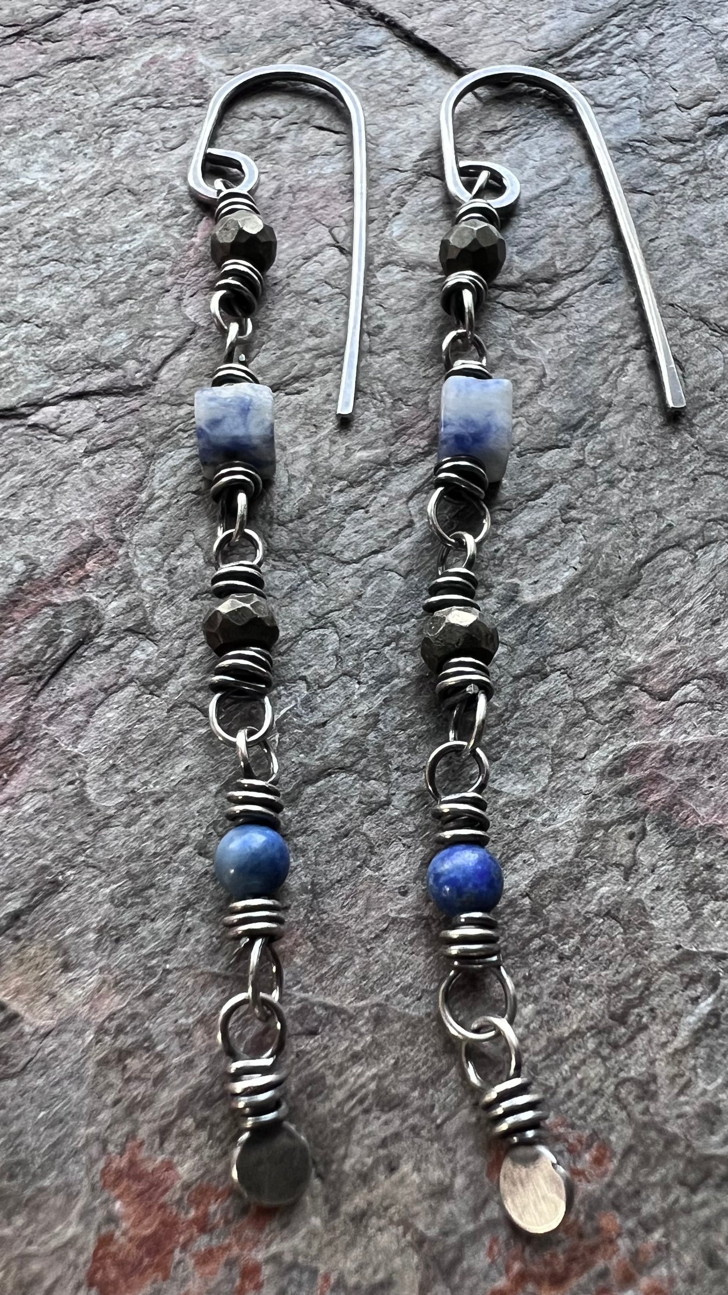 Lapis Lazuli and Pyrite Sterling Silver Earrings - Genuine Lapis Lazuli and Pyrite on Handformed Sterling Silver Earwires