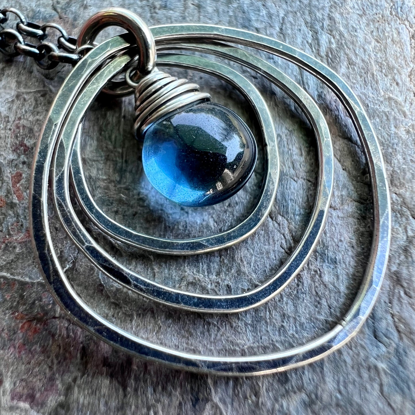 Sterling Silver Quartz Necklace - Blue Hydro Quartz in Hammered Silver Pendant on Sterling Silver Chain