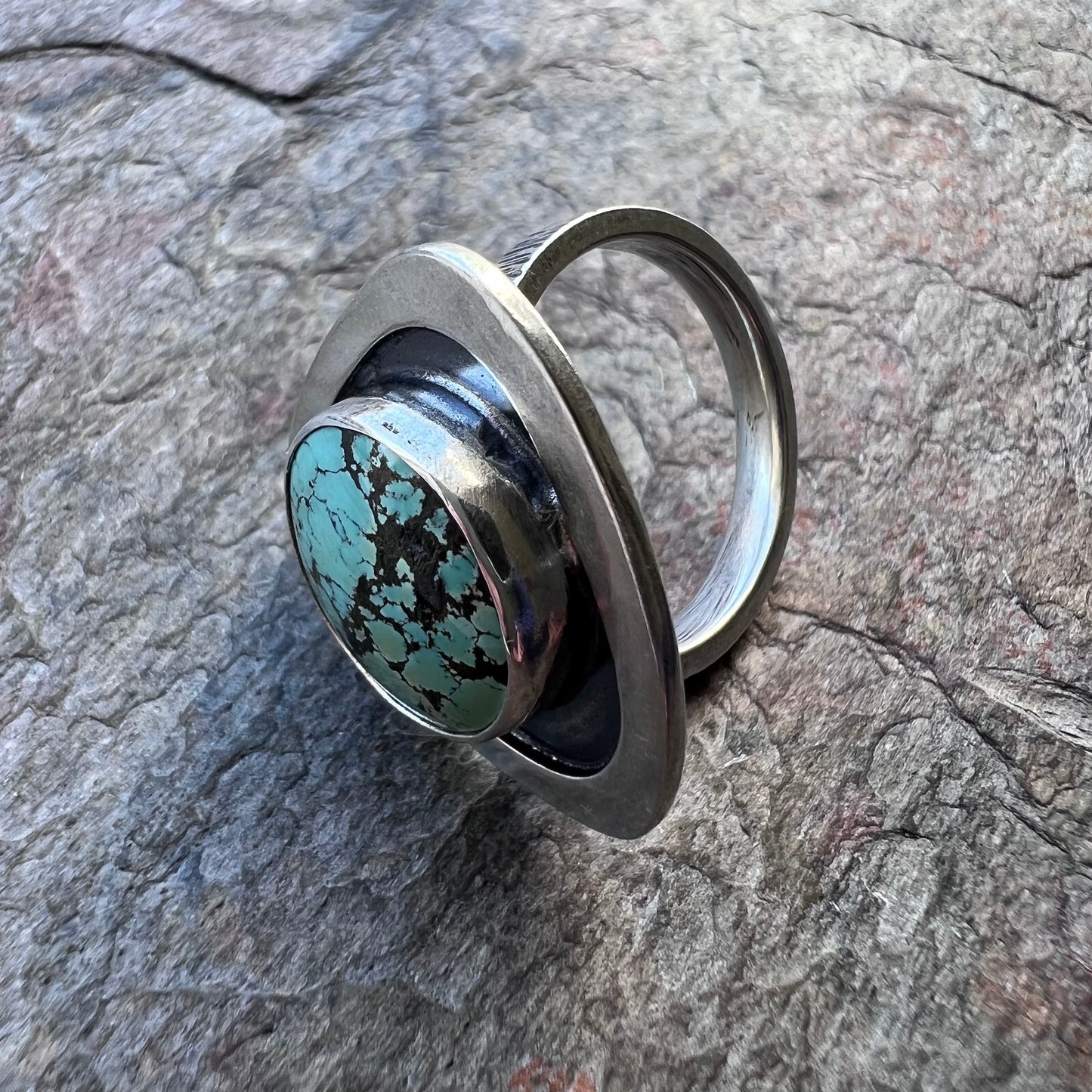 Turquoise Sterling Silver Ring - Genuine Turquoise Handmade One-of-a-kind Artisan Ring - Size 8.25
