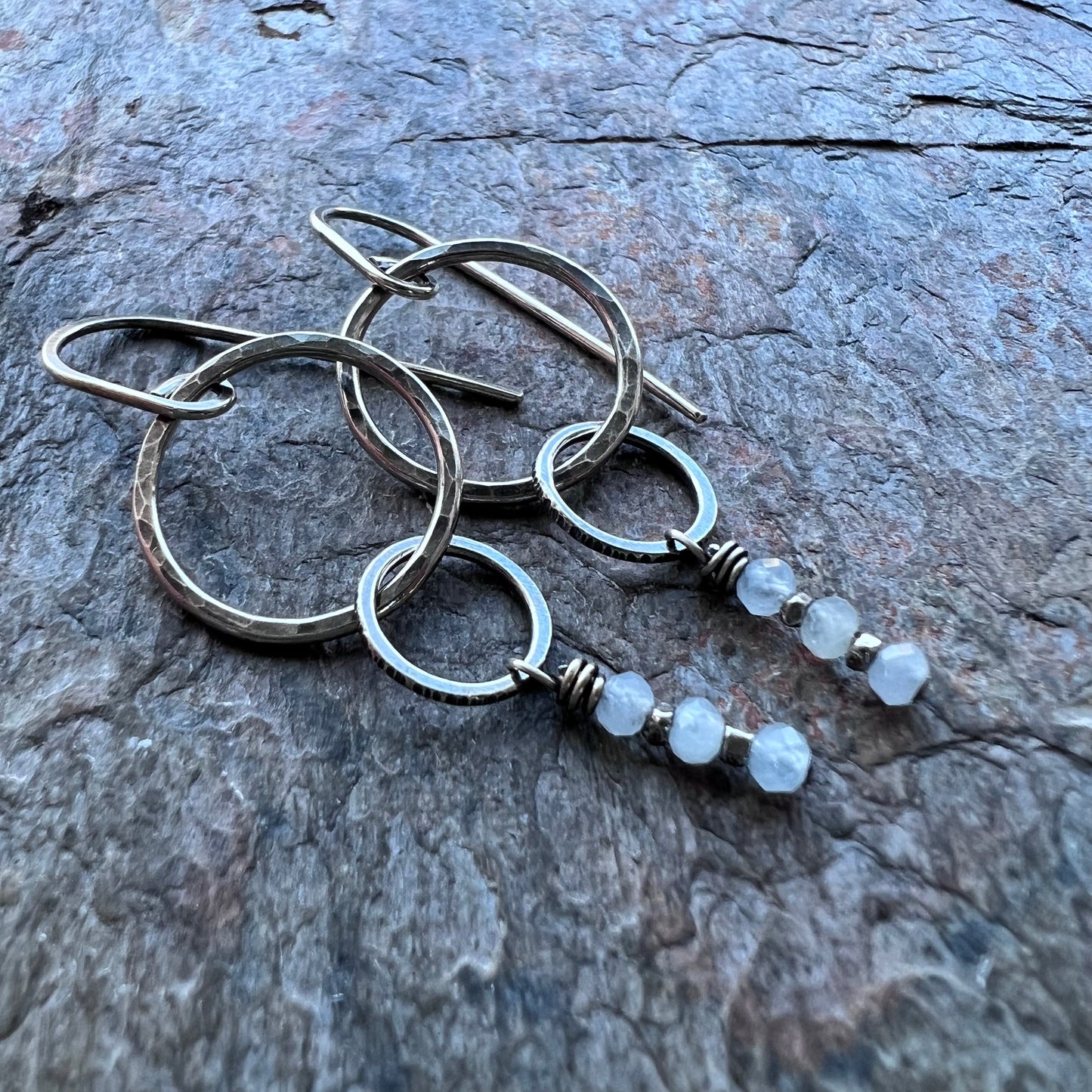 Aquamarine Sterling Silver Earrings - Genuine Aquamarine Rondelles and Hammered Sterling Silver Circle Earrings