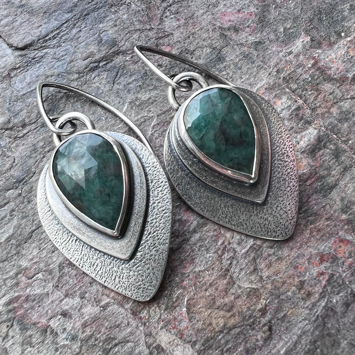 Emerald Sterling Silver Earrings - Handmade Genuine Emerald and Sterling Silver One-of-a-kind Earrings