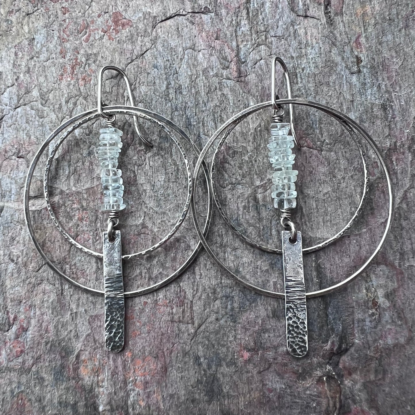 Aquamarine Sterling Silver Earrings - Genuine Aquamarine and Hammered Bars in Sterling Silver Hoop Earrings