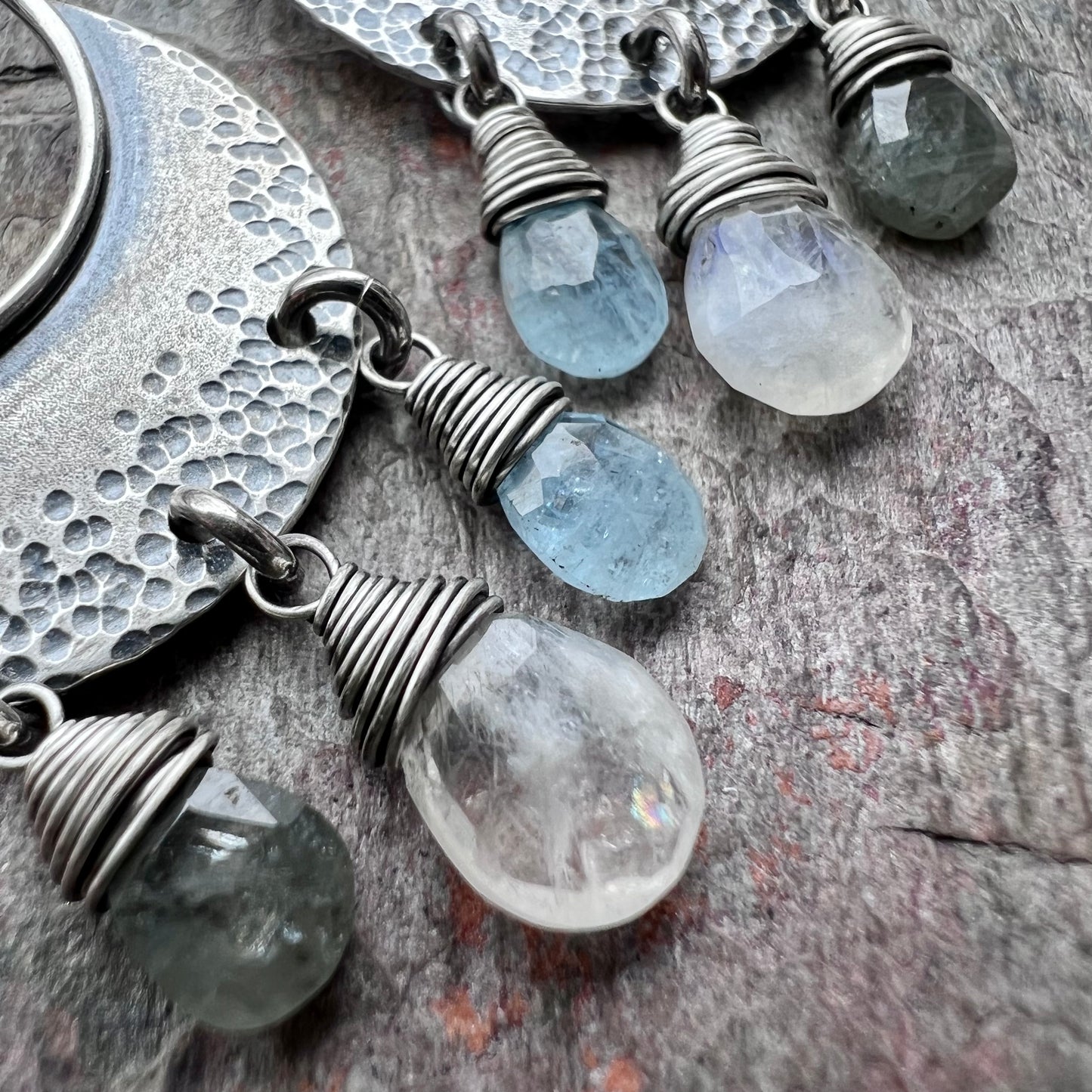 Moss Aquamarine, Moonstone, and Blue Aquamarine Sterling Silver Earrings