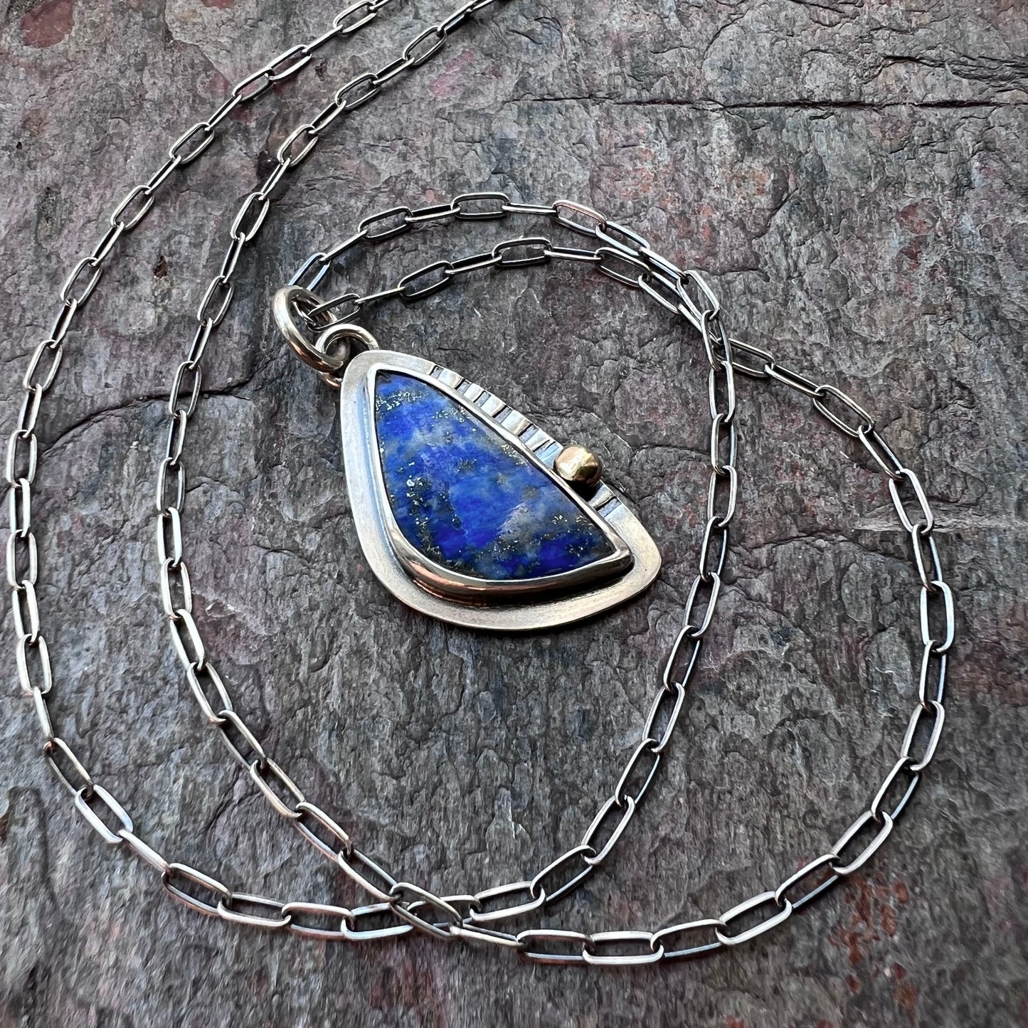 Sterling Silver Lapis Necklace One of a Kind Natural Stone Freeform Blue Pendant