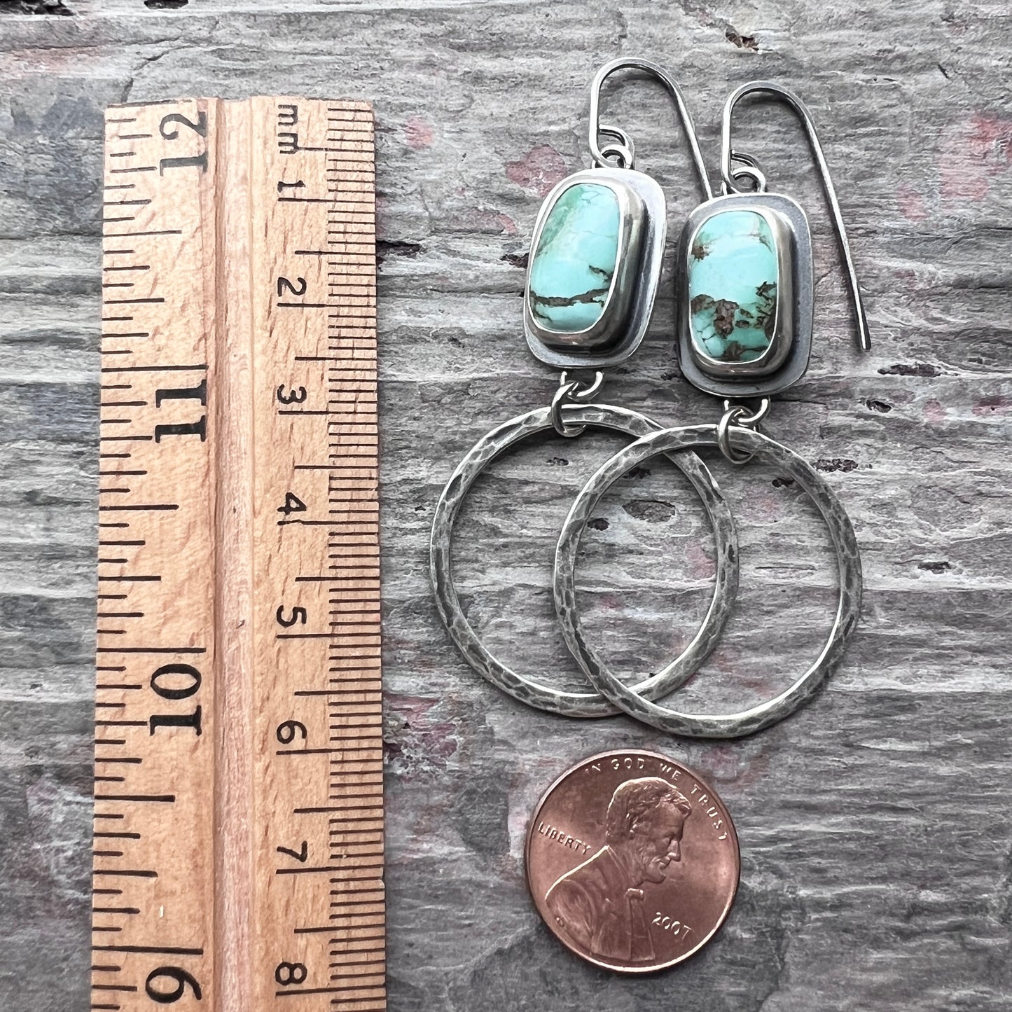 Turquoise Sterling Silver Earrings | Genuine Natural Turquoise and Hammered Hoops