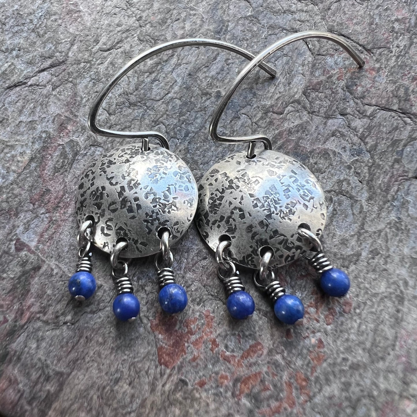 Sterling Silver Lapis Earrings Beaded Genuine Lapis Lazuli and Silver Circle Blue Dangle Earrings