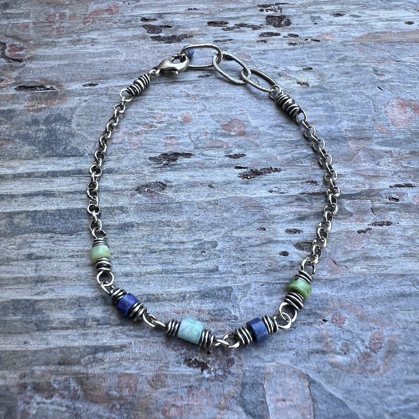 Sterling Silver Genuine Stone Bracelet | Amazonite, Lapis Lazuli, and Chrysoprase with Hammered Oval Links