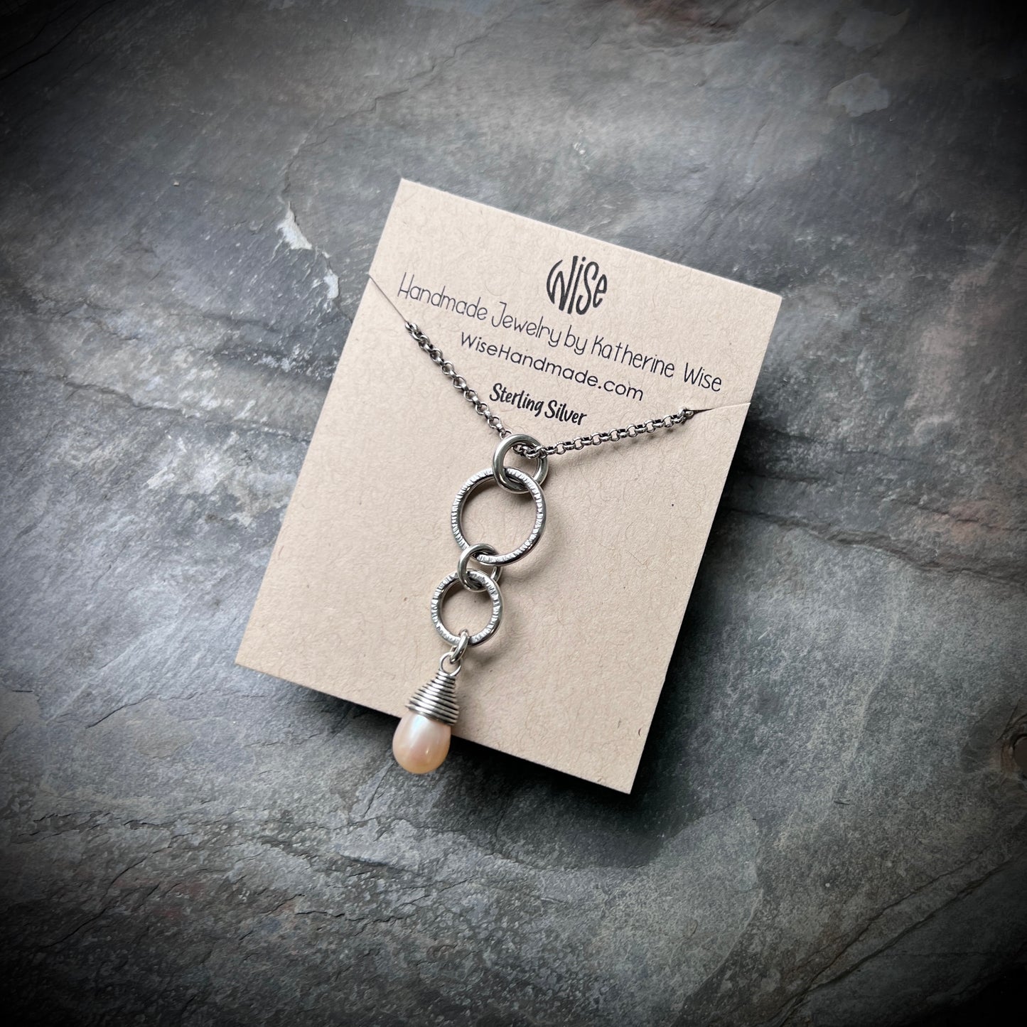 Sterling Silver Pearl Teardrop Necklace | Peach Pearl and Silver Rings Pendant