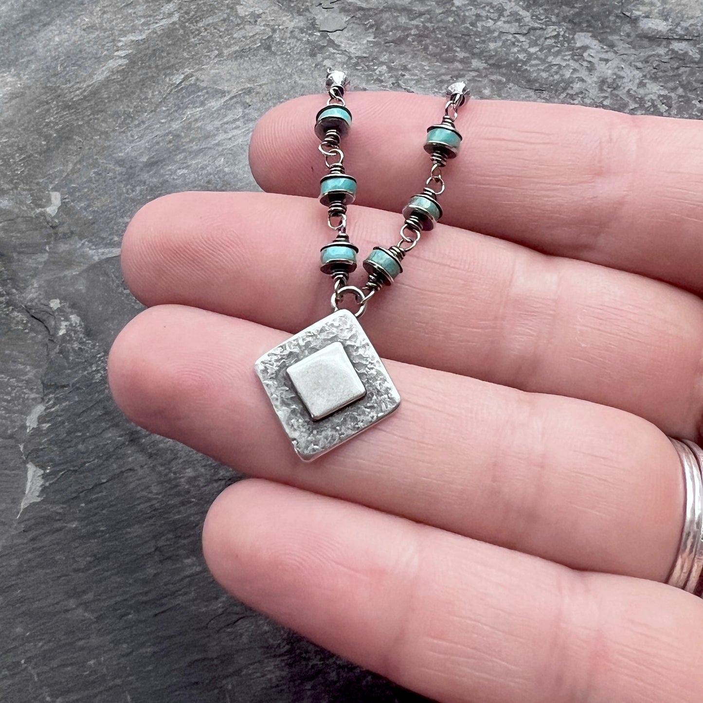 Genuine Turquoise Sterling Silver Necklace | Natural Stone Wire-wrapped Beads with Silver Diamond Pendant
