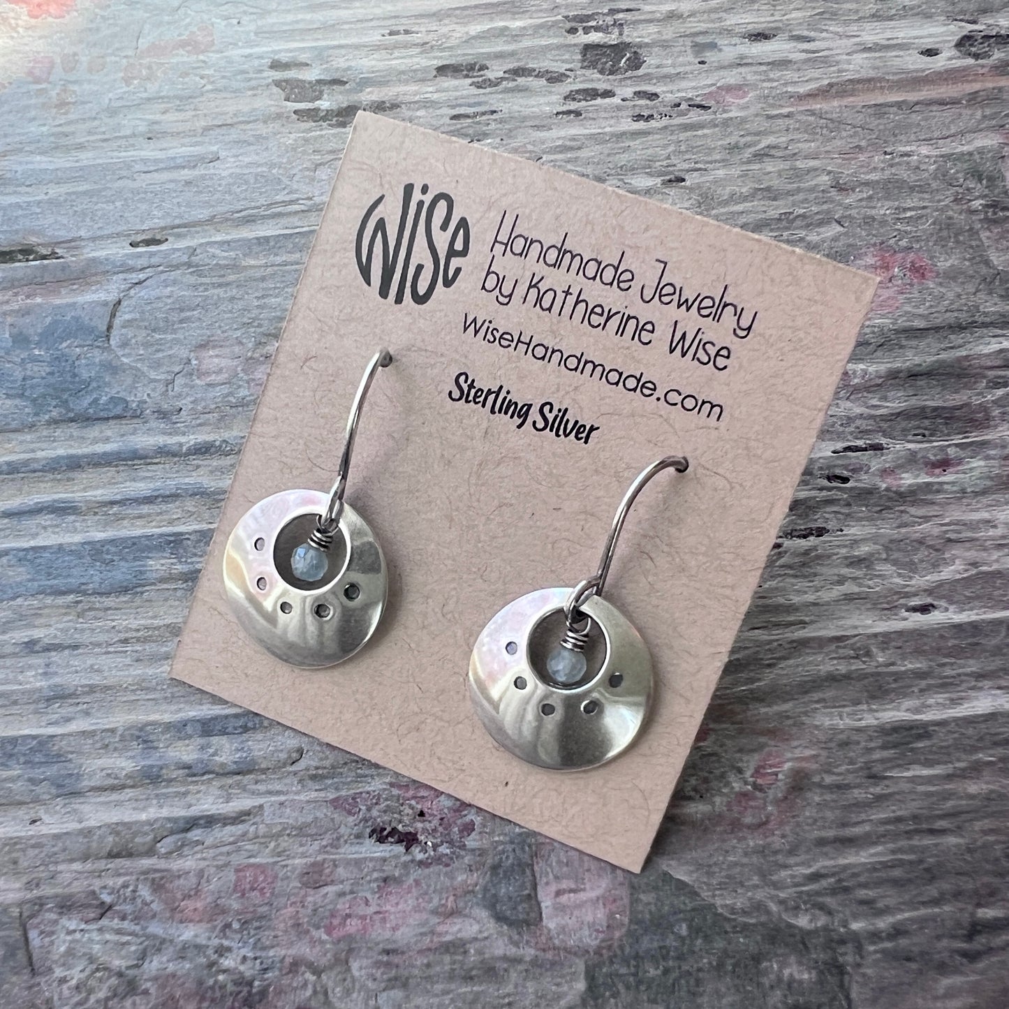 Customizable Sterling Silver Birthstone Earrings | Genuine Gemstone and Stamped Circle Dangle Earrings