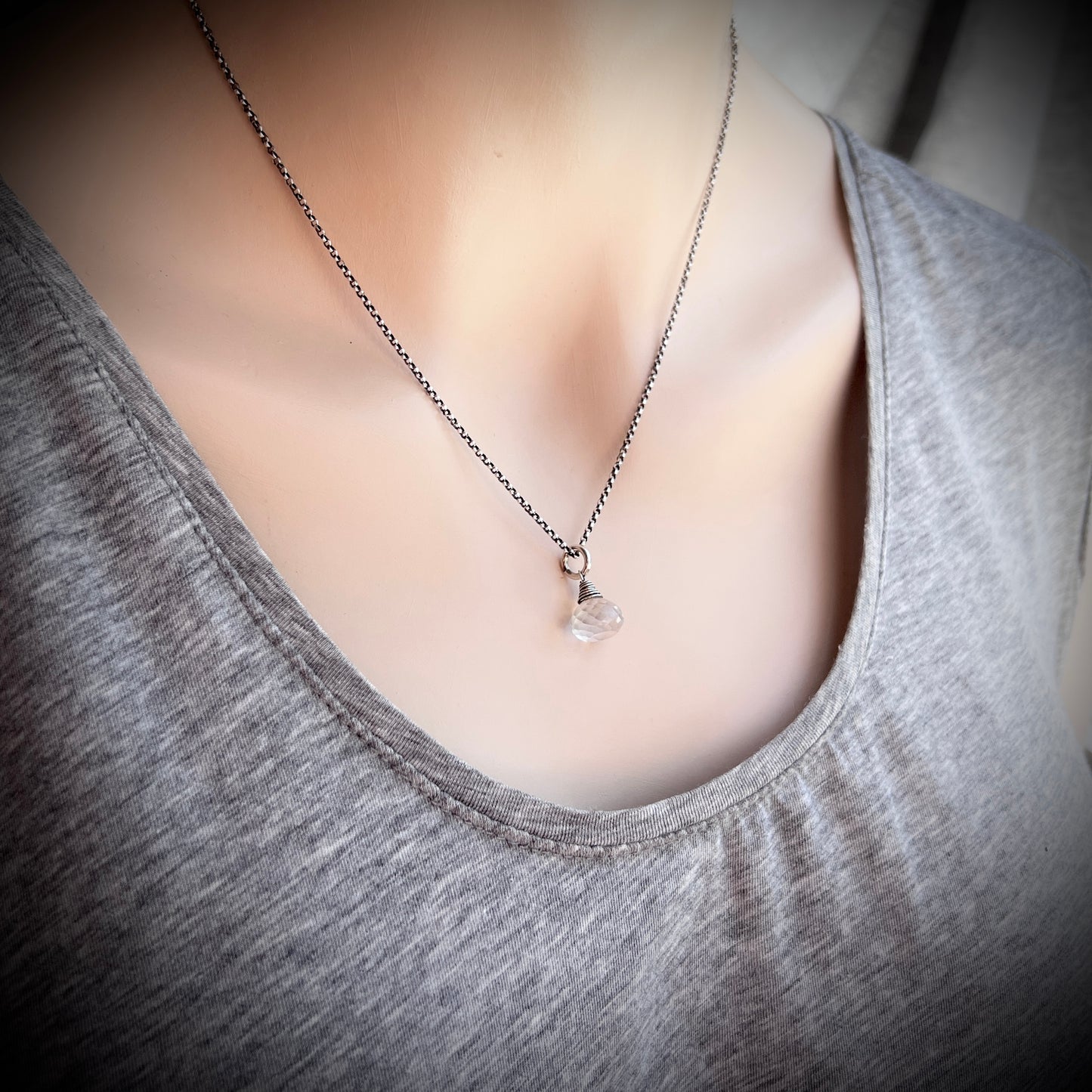 Sterling Silver Crystal Quartz Necklace | Clear Natural Stone Teardrop Pendant