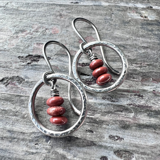 Sterling Silver Red Jasper Earrings | Natural Stones in Hammered Rings