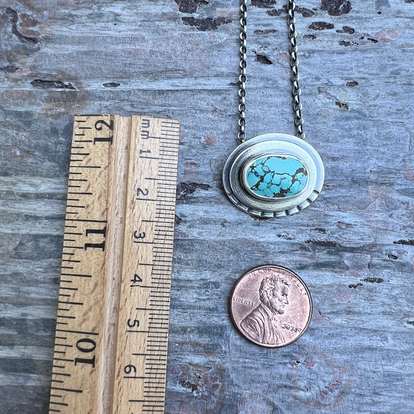 Sterling Silver Genuine Turquoise Necklace | Natural Stone Layered Oval Pendant