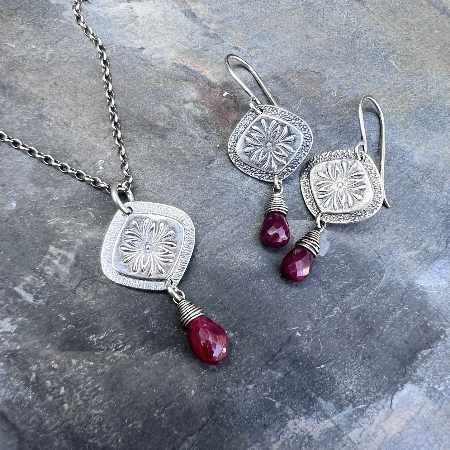 Genuine Ruby Sterling Silver Earrings | Flower Medallion and Ruby Red Teardrop Dangles