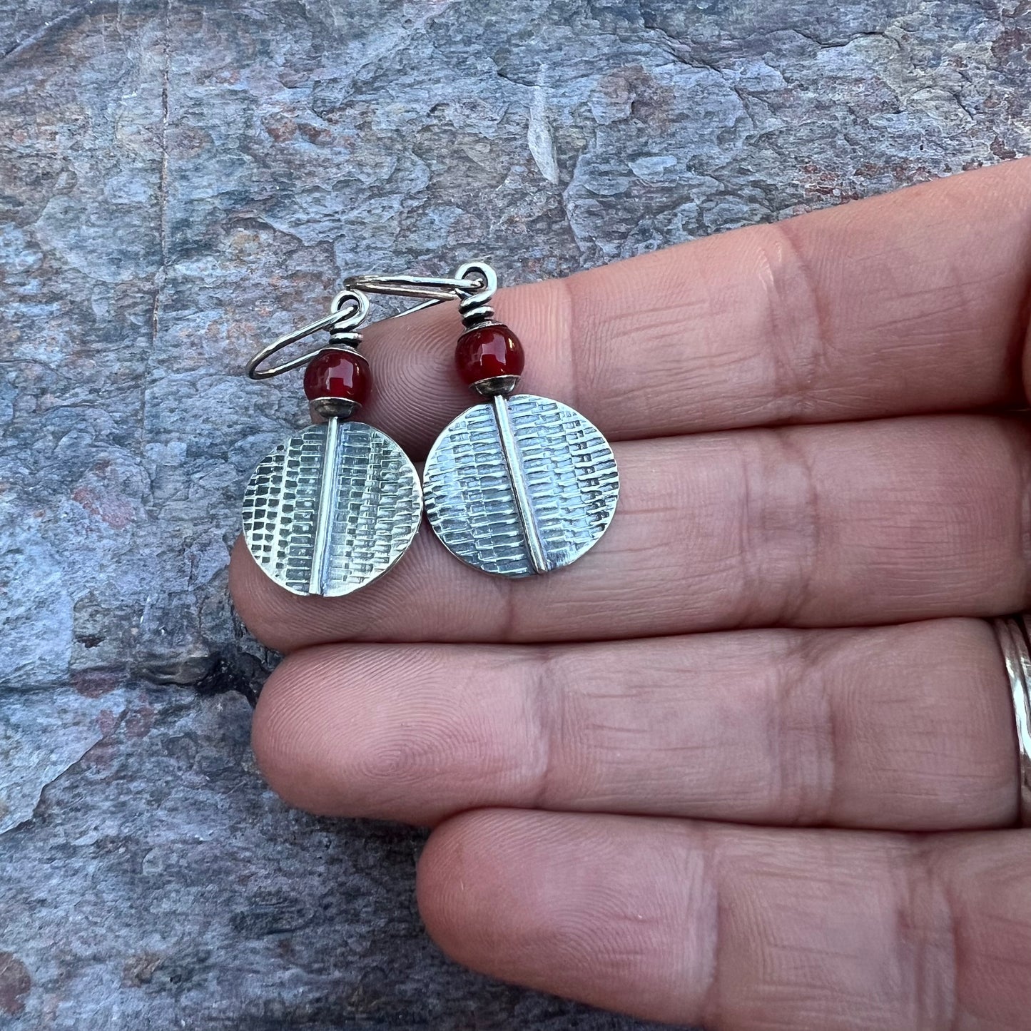 Carnelian Sterling Silver Earrings - Carnelian and Textured Sterling Silver on Handmade Earwires