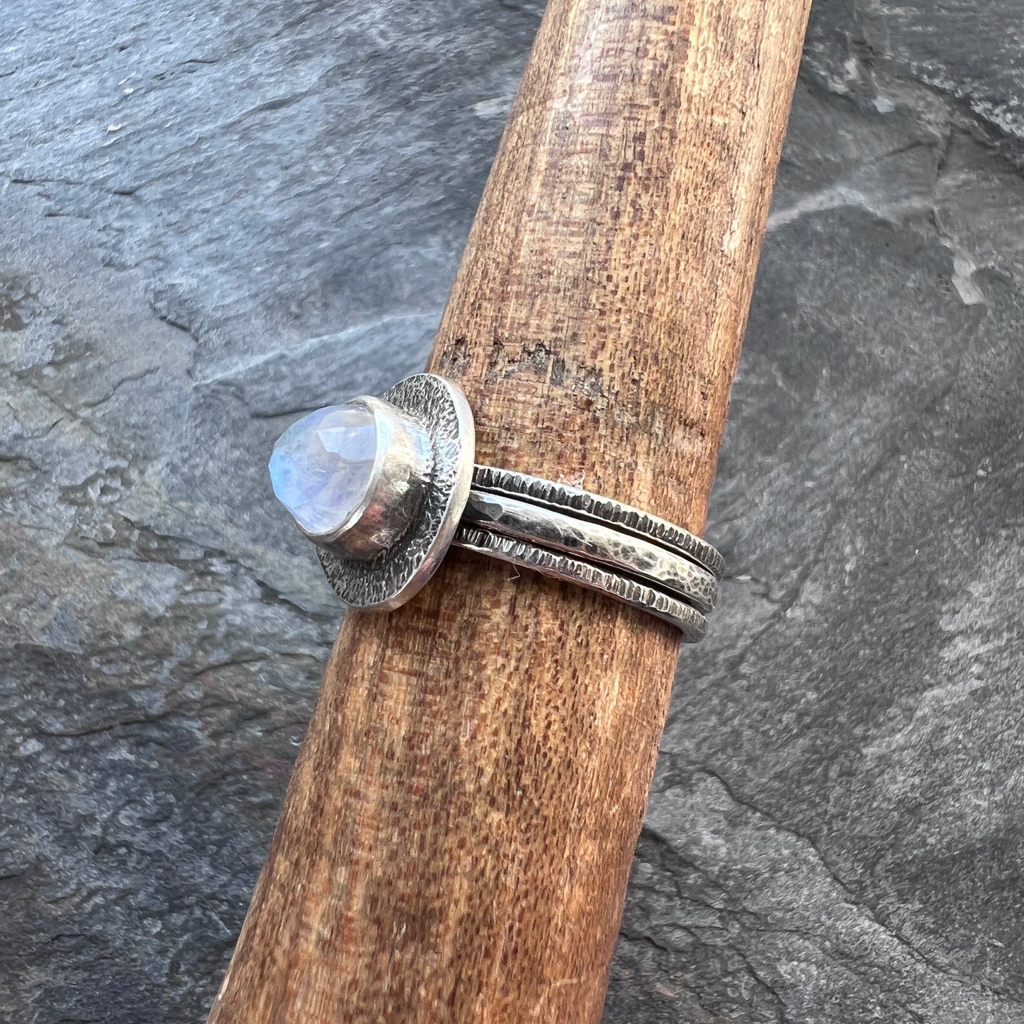 Sterling Silver Rainbow Moonstone Teardrop Skinny Stacking Ring Set - Size 8