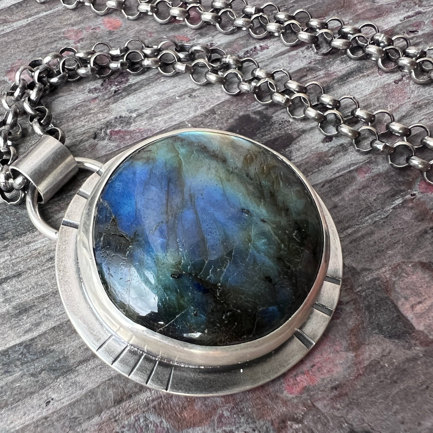 Labradorite Sterling Silver Necklace | Large Raw Natural Stone Round Pendant