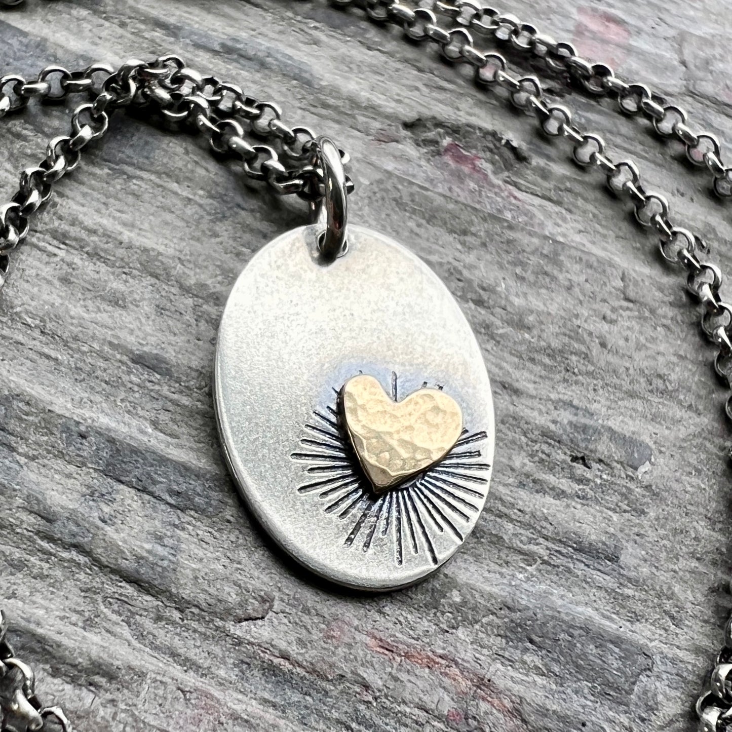 Sterling Silver and Golden Brass Heart Necklace | Handmade Mixed Metal Oval Pendant