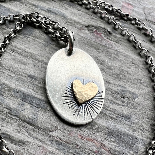 Sterling Silver and Golden Brass Heart Necklace | Handmade Mixed Metal Oval Pendant