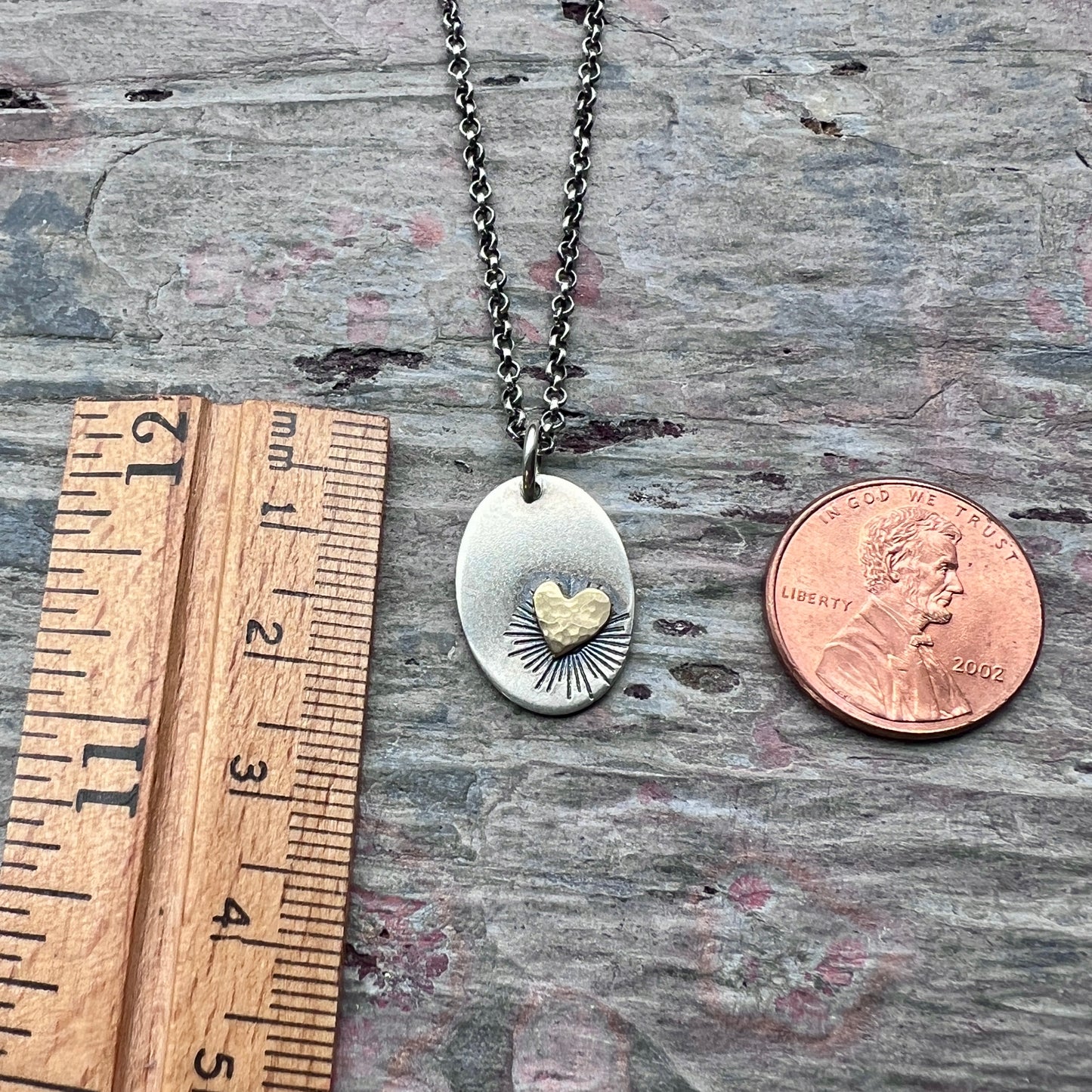 Sterling Silver and Golden Brass Heart Necklace | Handmade Mixed Metal Oval Pendant