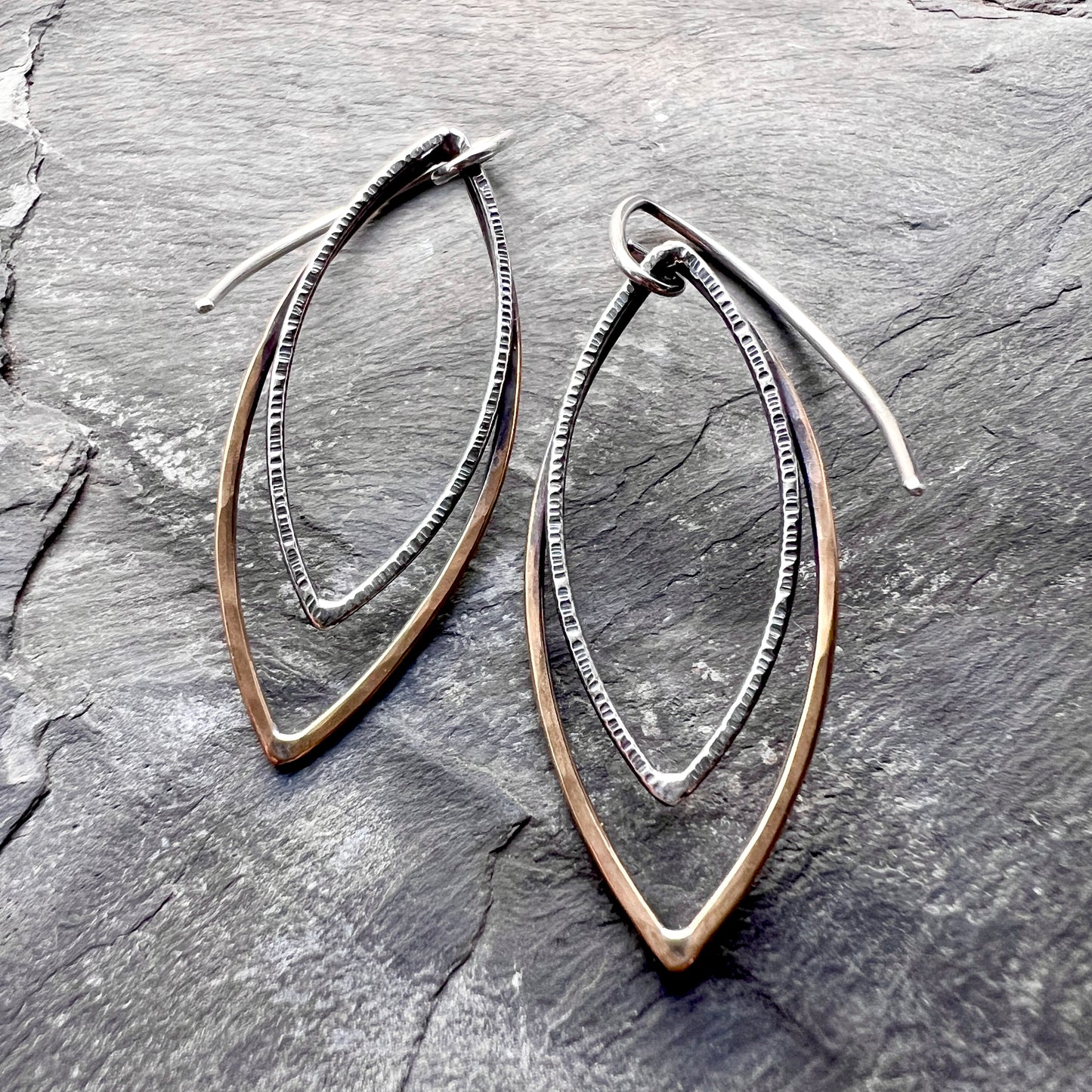 Sterling Silver and Brass Earrings | Mixed Metal Long Marquise Dangles