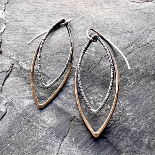 Sterling Silver and Brass Earrings | Mixed Metal Long Marquise Dangles