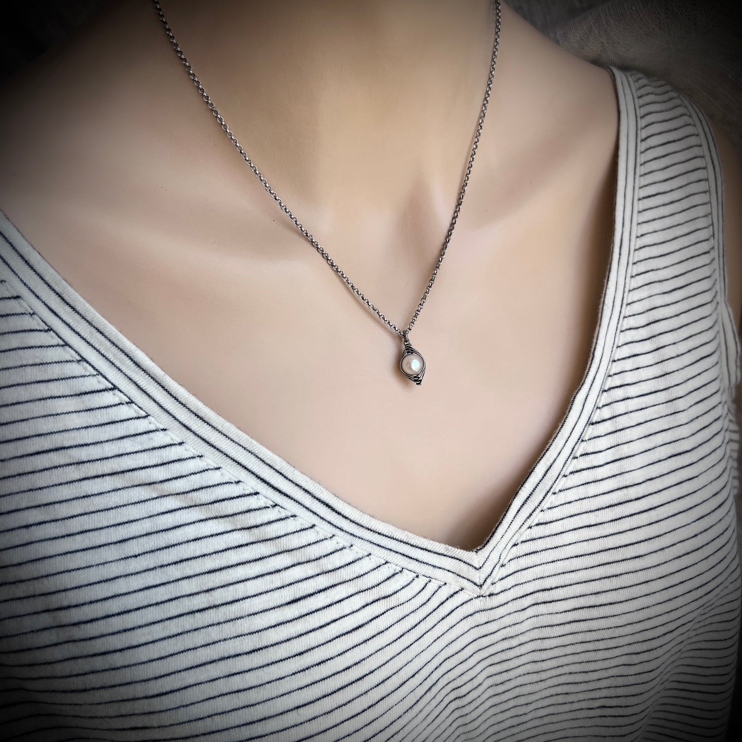 Sterling Silver Pearl Necklace | Genuine Freshwater Pearl Wire-Wrapped Pendant