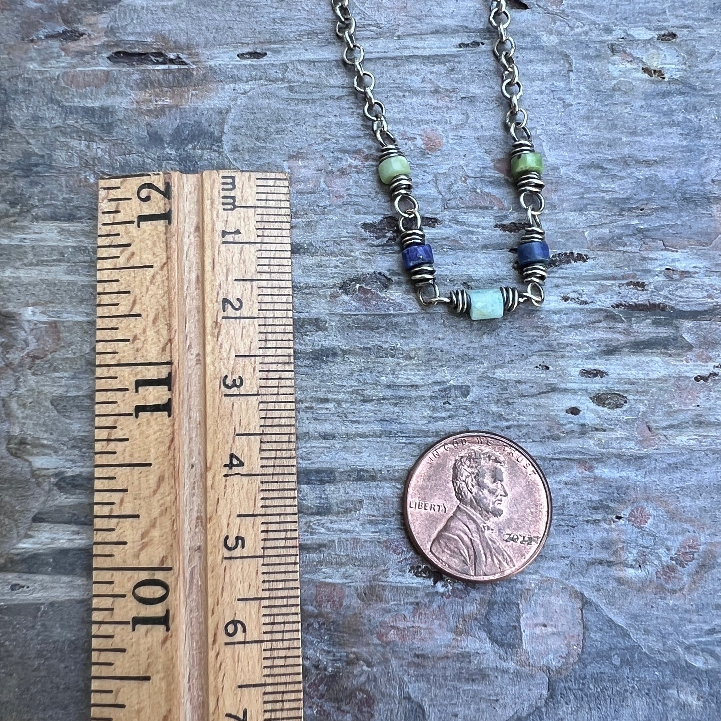 Sterling Silver Genuine Stone Bracelet | Amazonite, Lapis Lazuli, and Chrysoprase with Hammered Oval Links