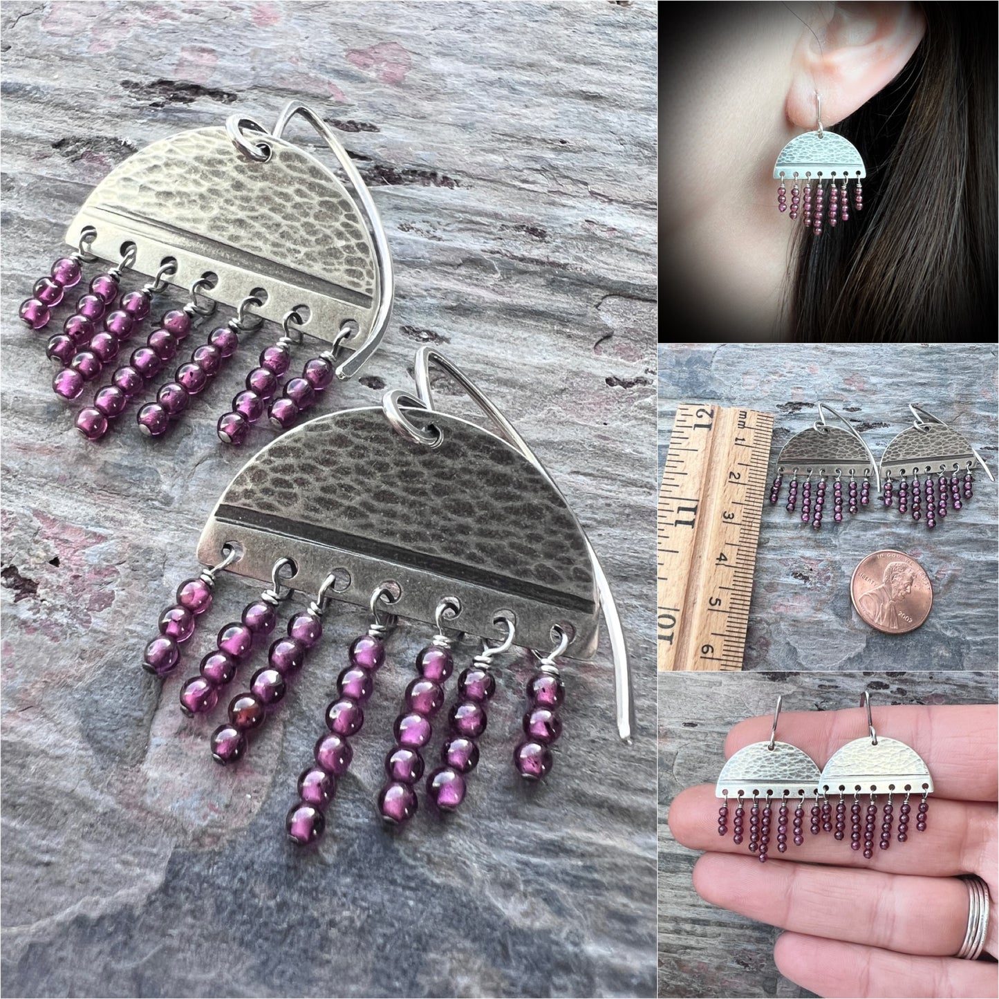 Garnet Sterling Silver Earrings | Hammered Silver and Genuine Garnet Fringe Dangles