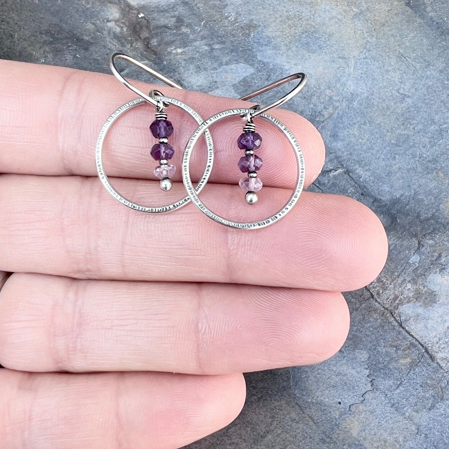 Amethyst Sterling Silver Earrings | Purple Natural Stone Dangle Hoops