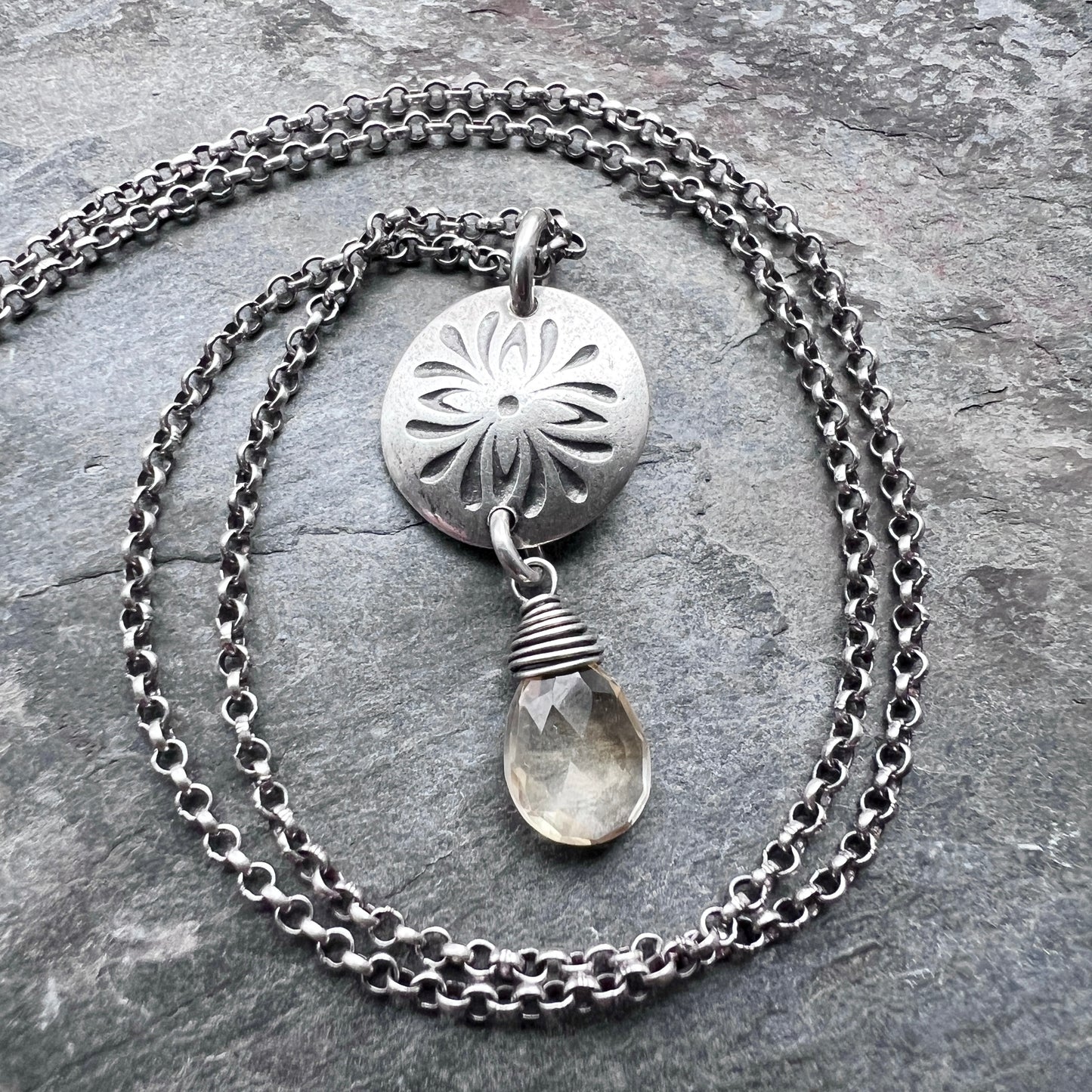 Genuine Citrine Sterling Silver Necklace | Flower Medallion and Yellow Teardrop Pendant