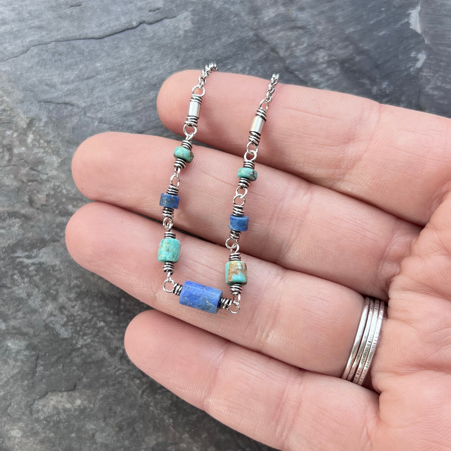 Genuine Turquoise and Lapis Lazuli Sterling Silver Necklace | Natural Stone Wire-wrapped Beaded Necklace