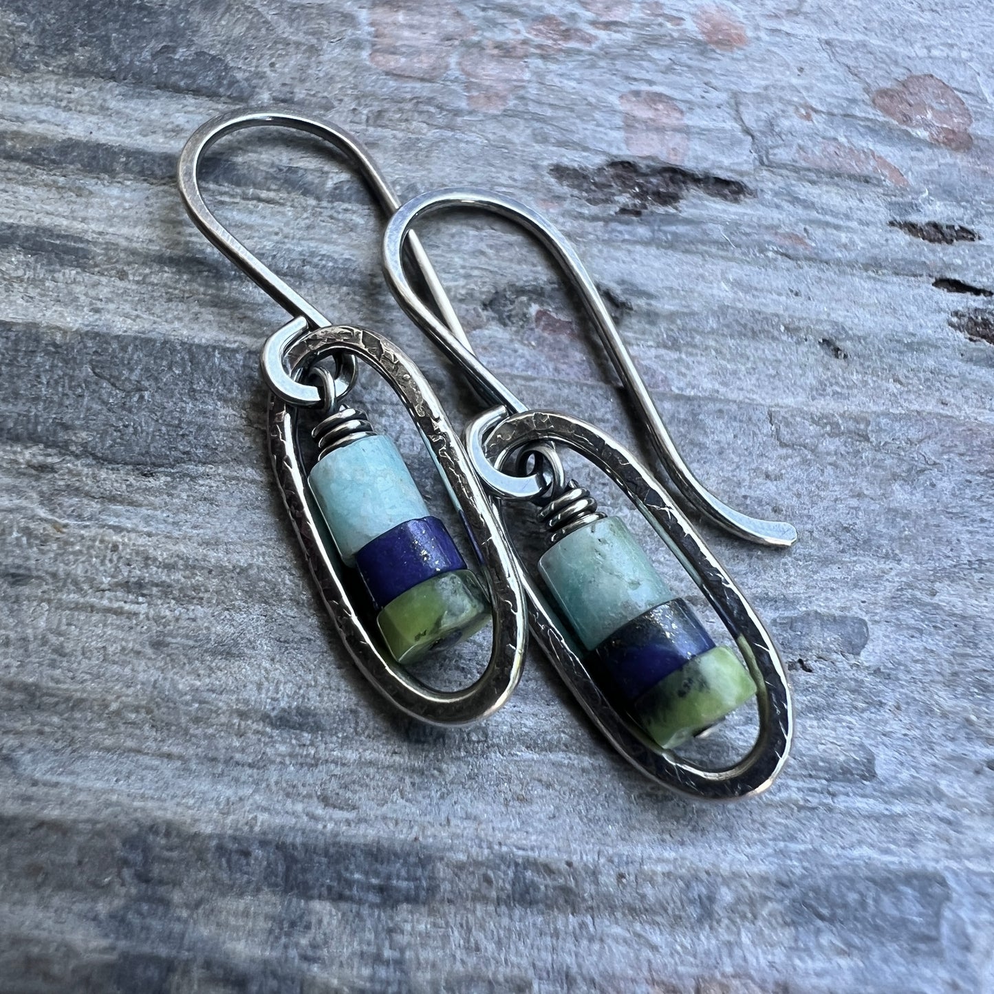 Sterling Silver Genuine Stone Earrings | Amazonite, Lapis Lazuli, and Chrysoprase in Hammered Oval Dangles