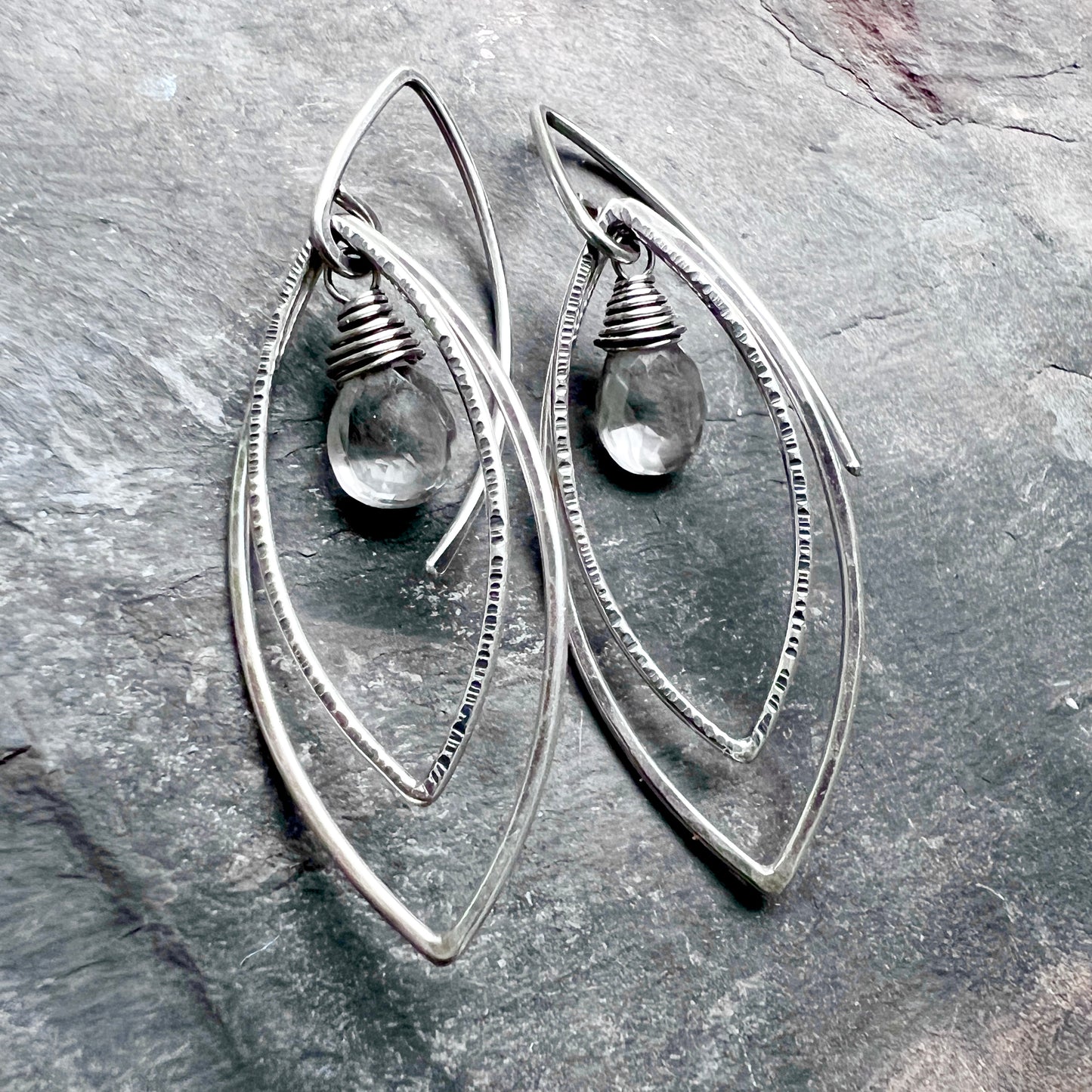Sterling Silver Crystal Quartz Earrings | Clear Natural Stone Hammered Marquise Dangles