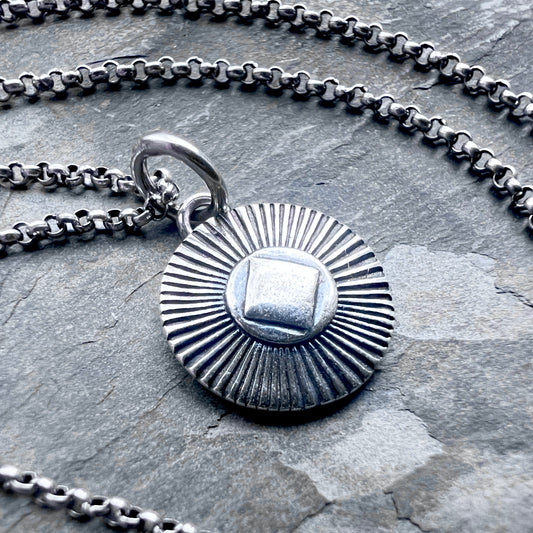 Sterling Silver Diamond Circle Necklace | Small Stamped Silver Pendant on Lightweight Chain