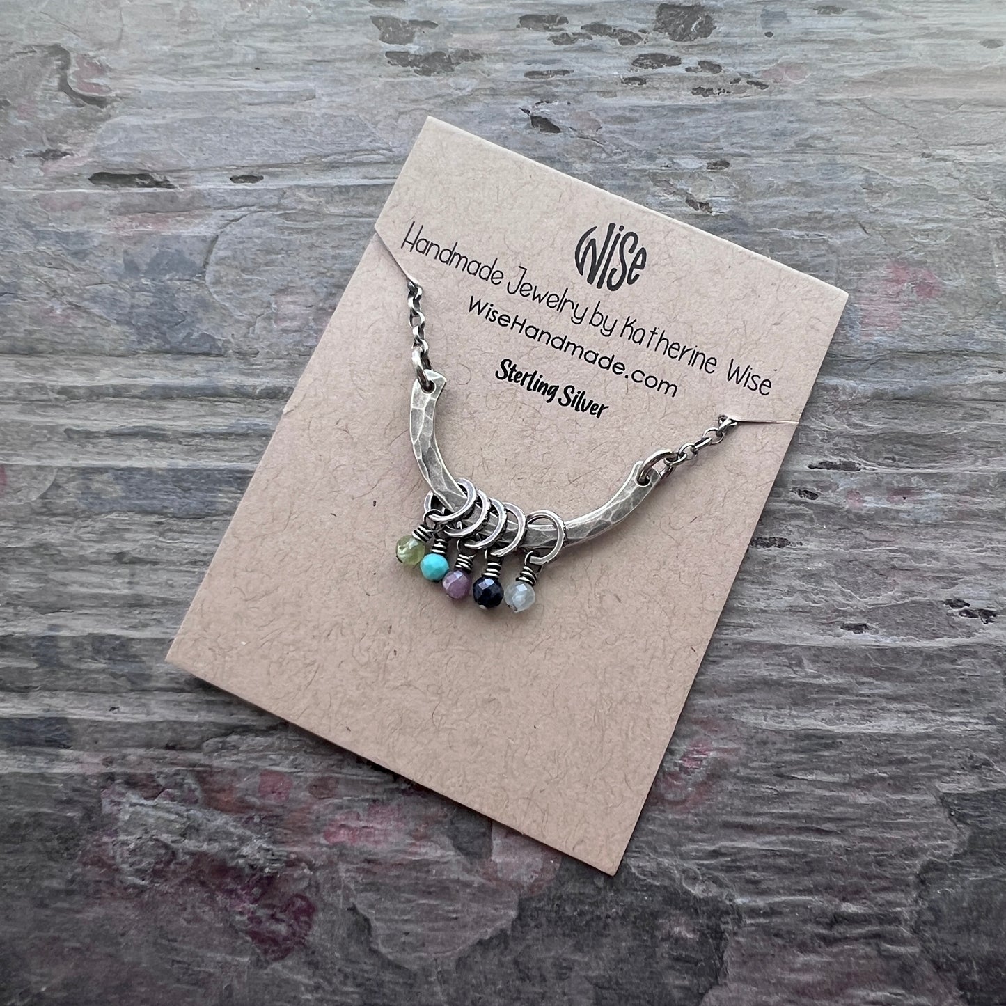 Customizable Sterling Silver Birthstone Necklace | Genuine Gem Charms on Hammered Curve Pendant