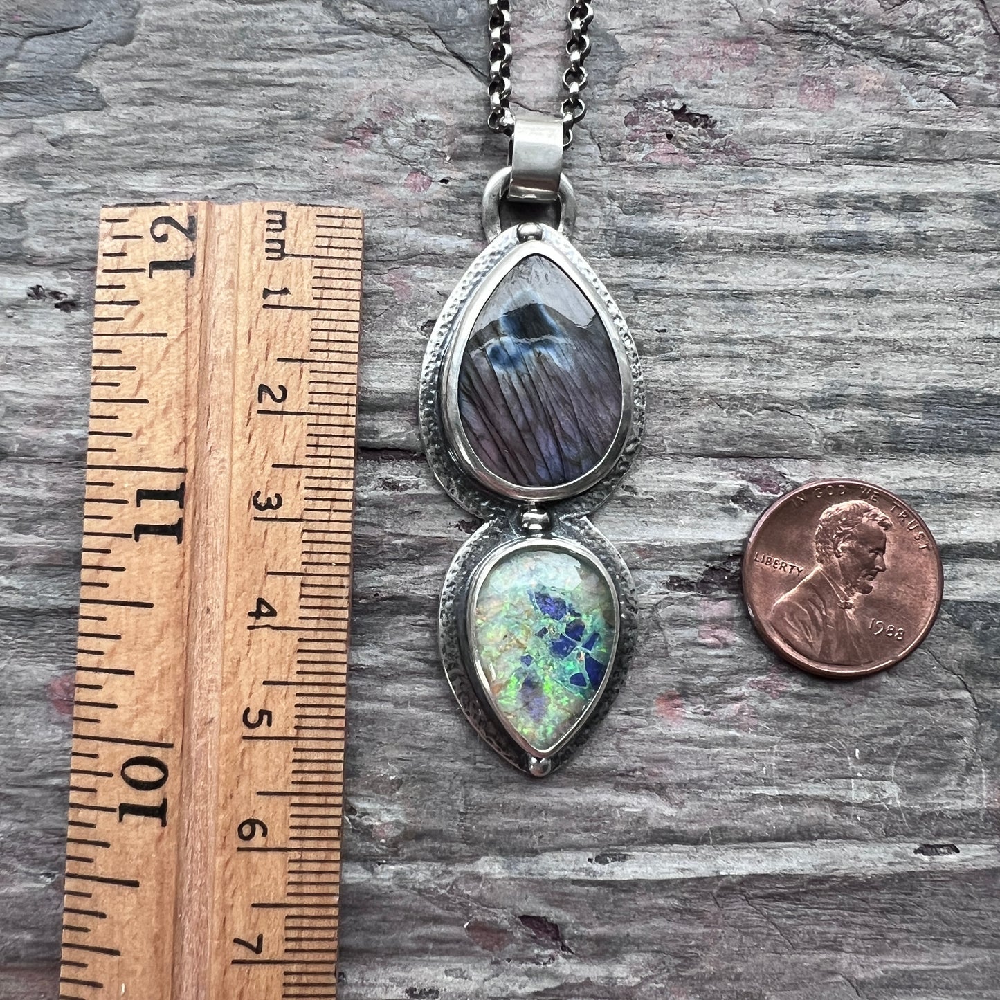 Sterling Silver Labradorite and Monarch Opal Pendant Necklace