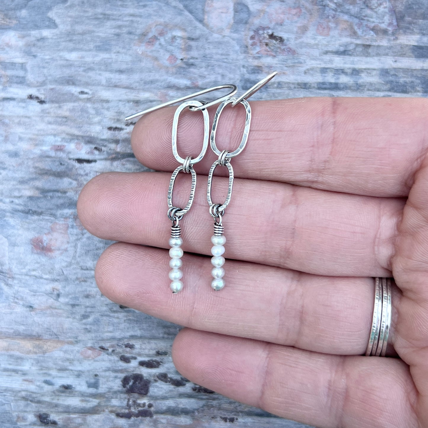 Sterling Silver Pearl Earrings | Hammered Silver Links and Genuine Pearl Long Dangle Earrings