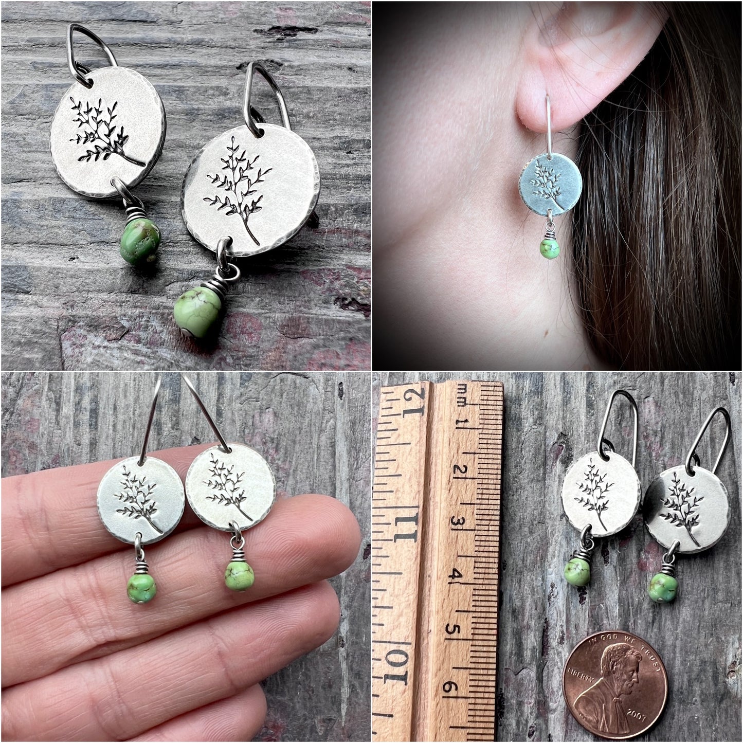 Sterling Silver Turquoise Earrings | Sprig Leaf Dangle Earrings with Genuine Turquoise Beads
